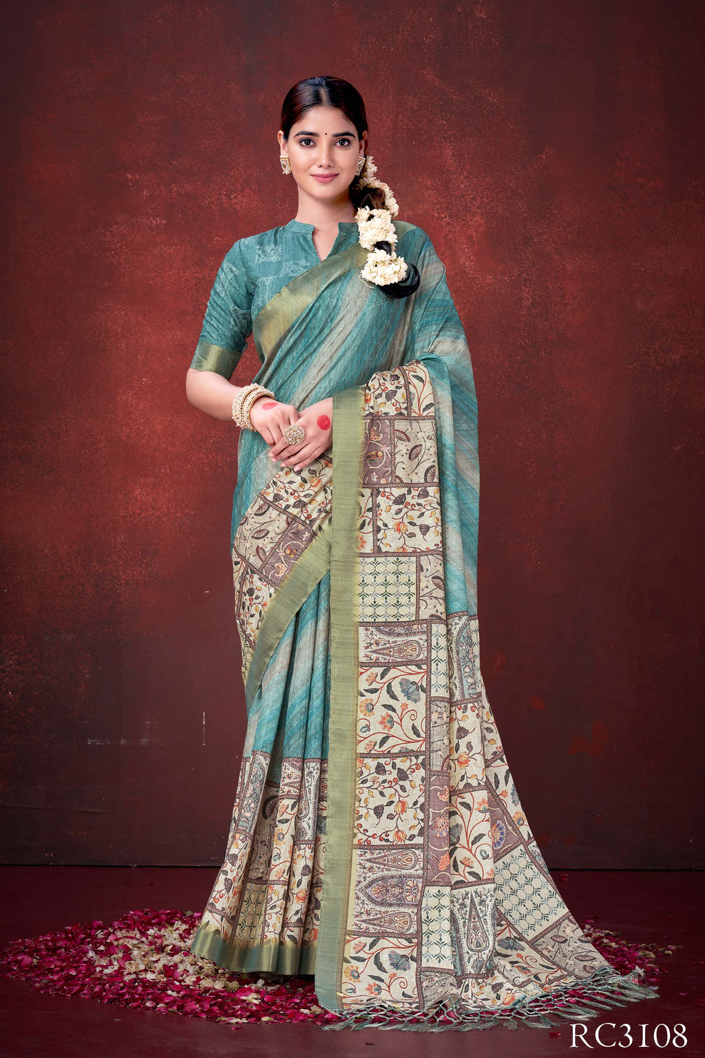 Sky Blue Poly Habotai Silk Saree | Floral Foil Print with Unstitched Blouse