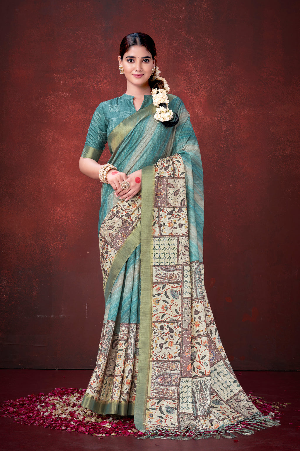 Sky Blue Poly Habotai Silk Saree | Floral Foil Print with Unstitched Blouse