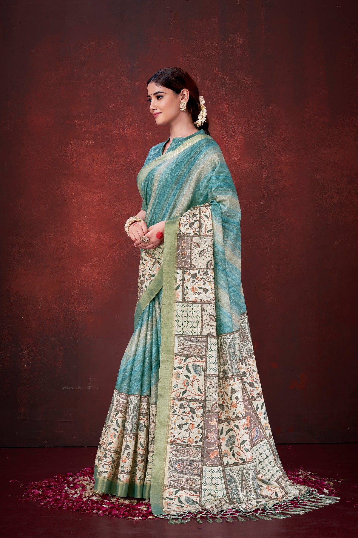 Serene Sky Blue Poly Habotai Silk Foil Print Saree | Ethereal Floral Motifs with Unstitched Blouse