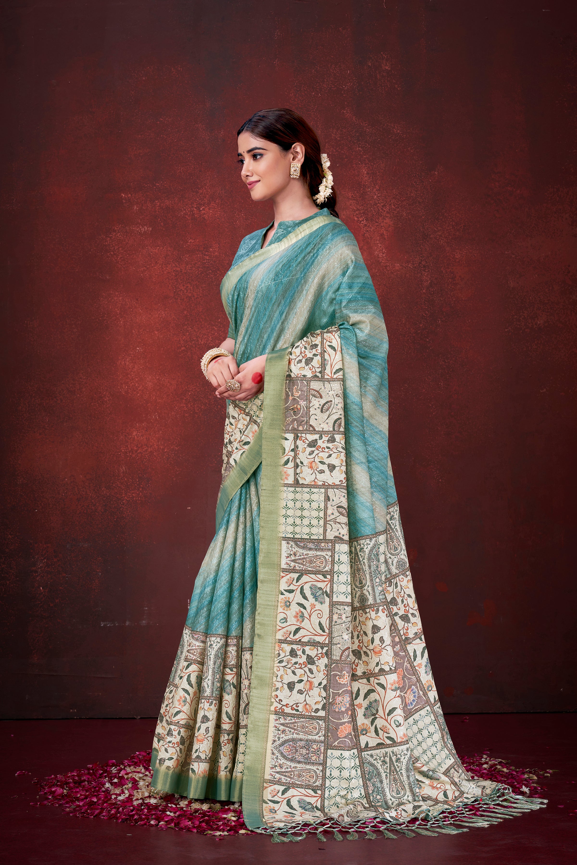 Sky Blue Poly Habotai Silk Saree | Floral Foil Print with Unstitched Blouse