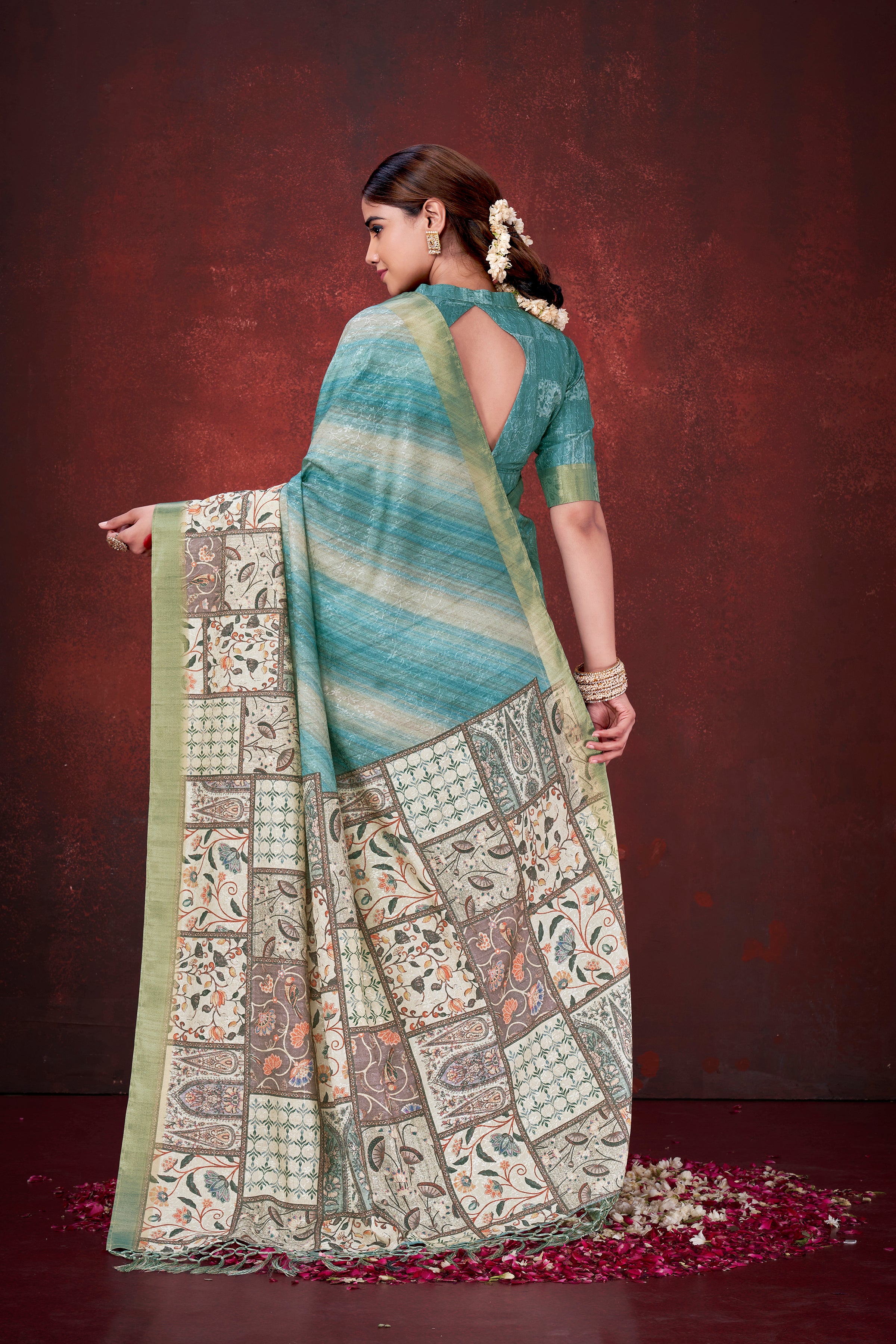Serene Sky Blue Poly Habotai Silk Foil Print Saree | Ethereal Floral Motifs with Unstitched Blouse