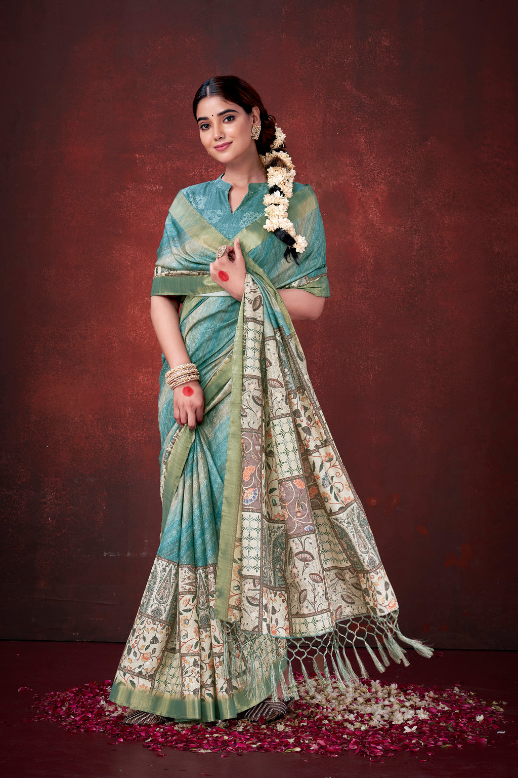 Serene Sky Blue Poly Habotai Silk Foil Print Saree | Ethereal Floral Motifs with Unstitched Blouse
