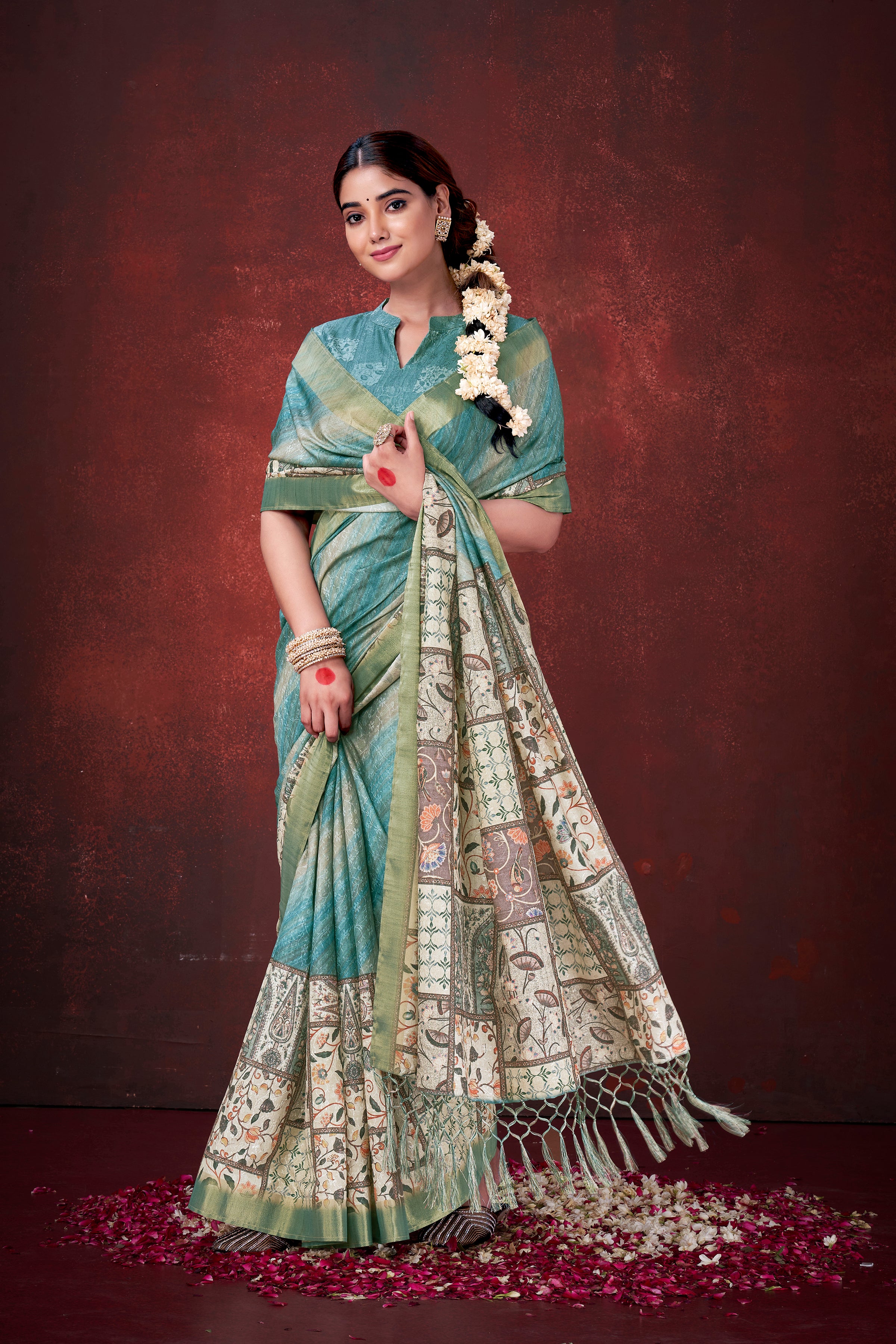 Serene Sky Blue Poly Habotai Silk Foil Print Saree | Ethereal Floral Motifs with Unstitched Blouse