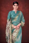 Serene Sky Blue Poly Habotai Silk Foil Print Saree | Ethereal Floral Motifs with Unstitched Blouse