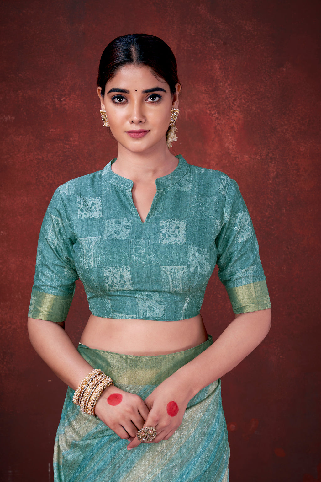 Sky Blue Poly Habotai Silk Saree | Floral Foil Print with Unstitched Blouse