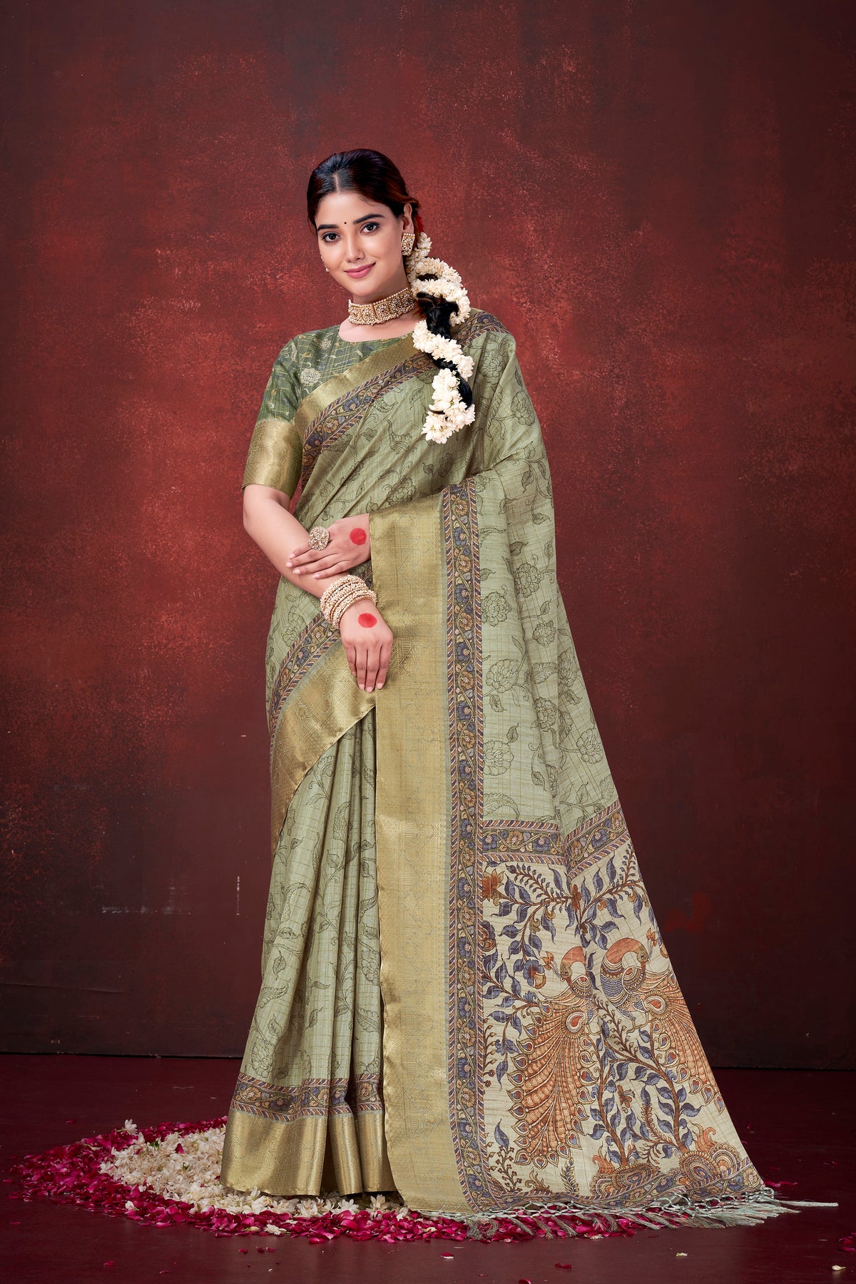 Refreshing Pista Green Poly Habotai Silk Foil Print Saree | Delicate Floral Patterns with Unstitched Blouse
