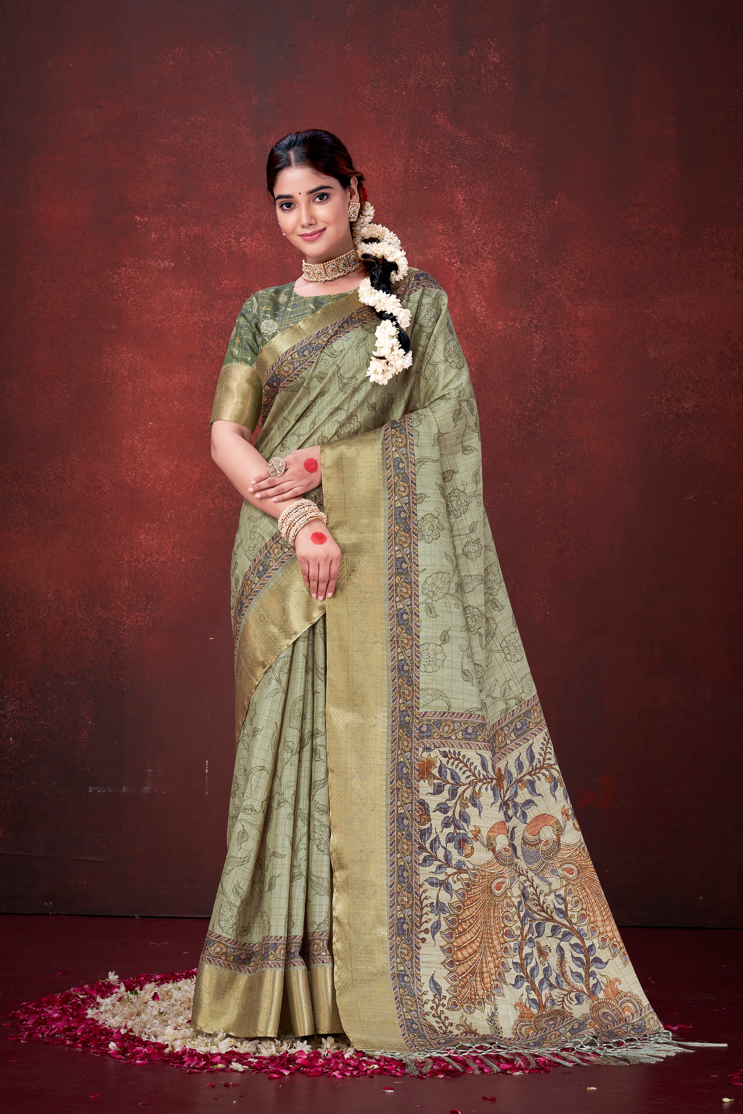 Pista Green Poly Habotai Silk Saree | Floral Foil Print with Unstitched Blouse