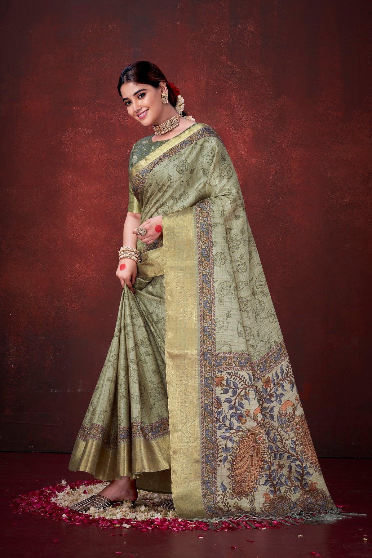 Refreshing Pista Green Poly Habotai Silk Foil Print Saree | Delicate Floral Patterns with Unstitched Blouse
