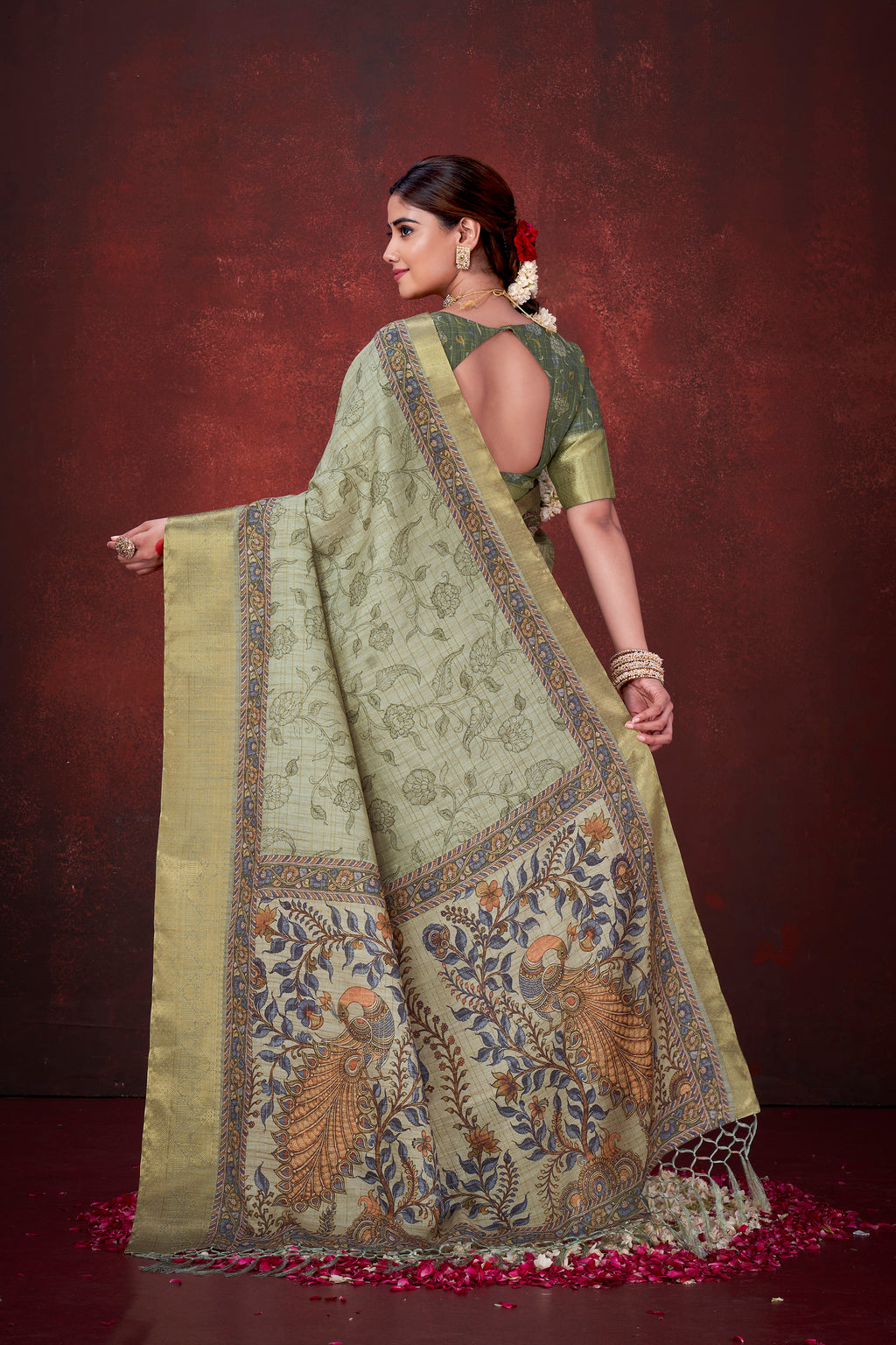 Pista Green Poly Habotai Silk Saree | Floral Foil Print Design