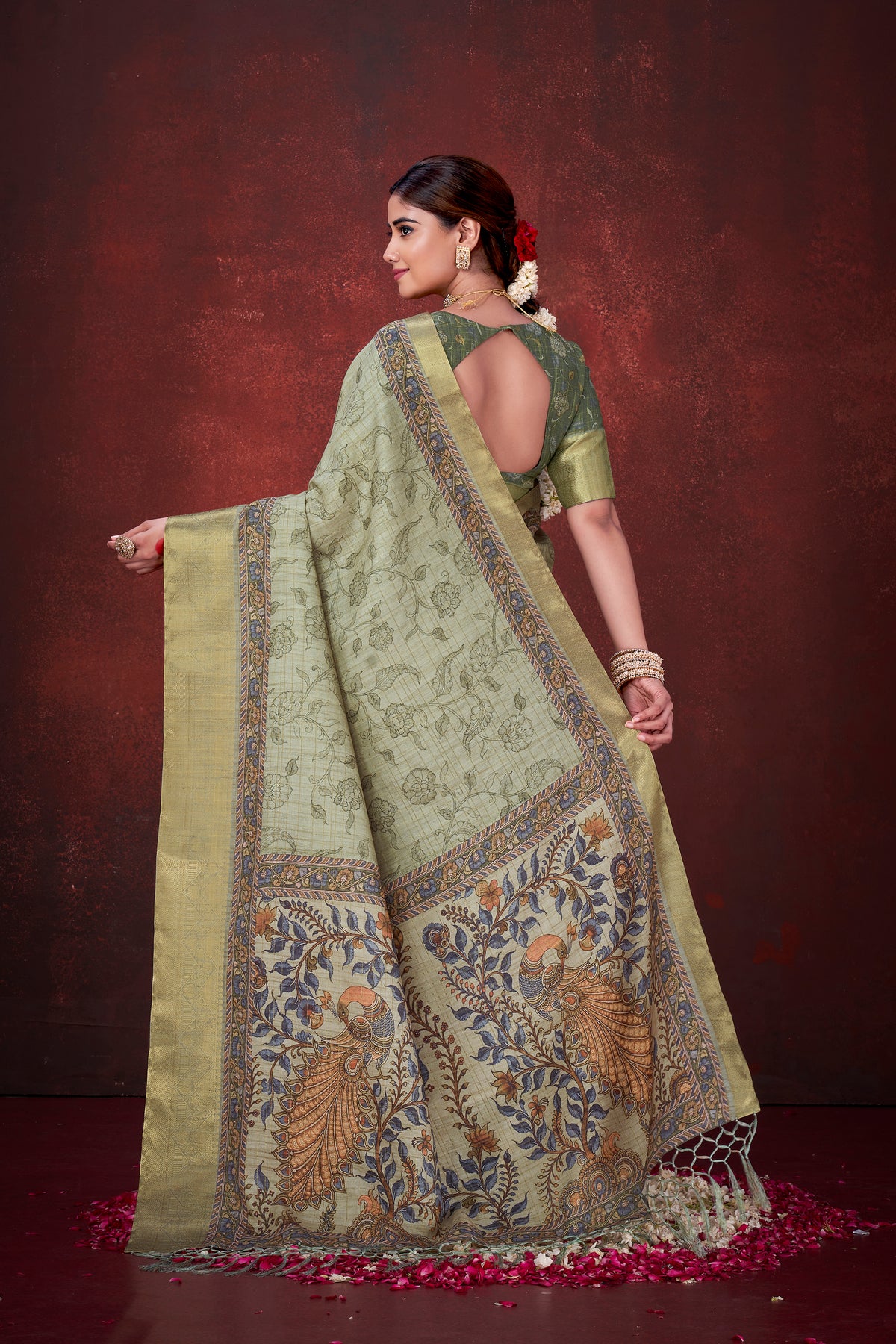 Refreshing Pista Green Poly Habotai Silk Foil Print Saree | Delicate Floral Patterns with Unstitched Blouse