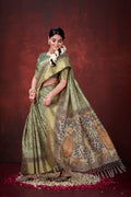 Refreshing Pista Green Poly Habotai Silk Foil Print Saree | Delicate Floral Patterns with Unstitched Blouse