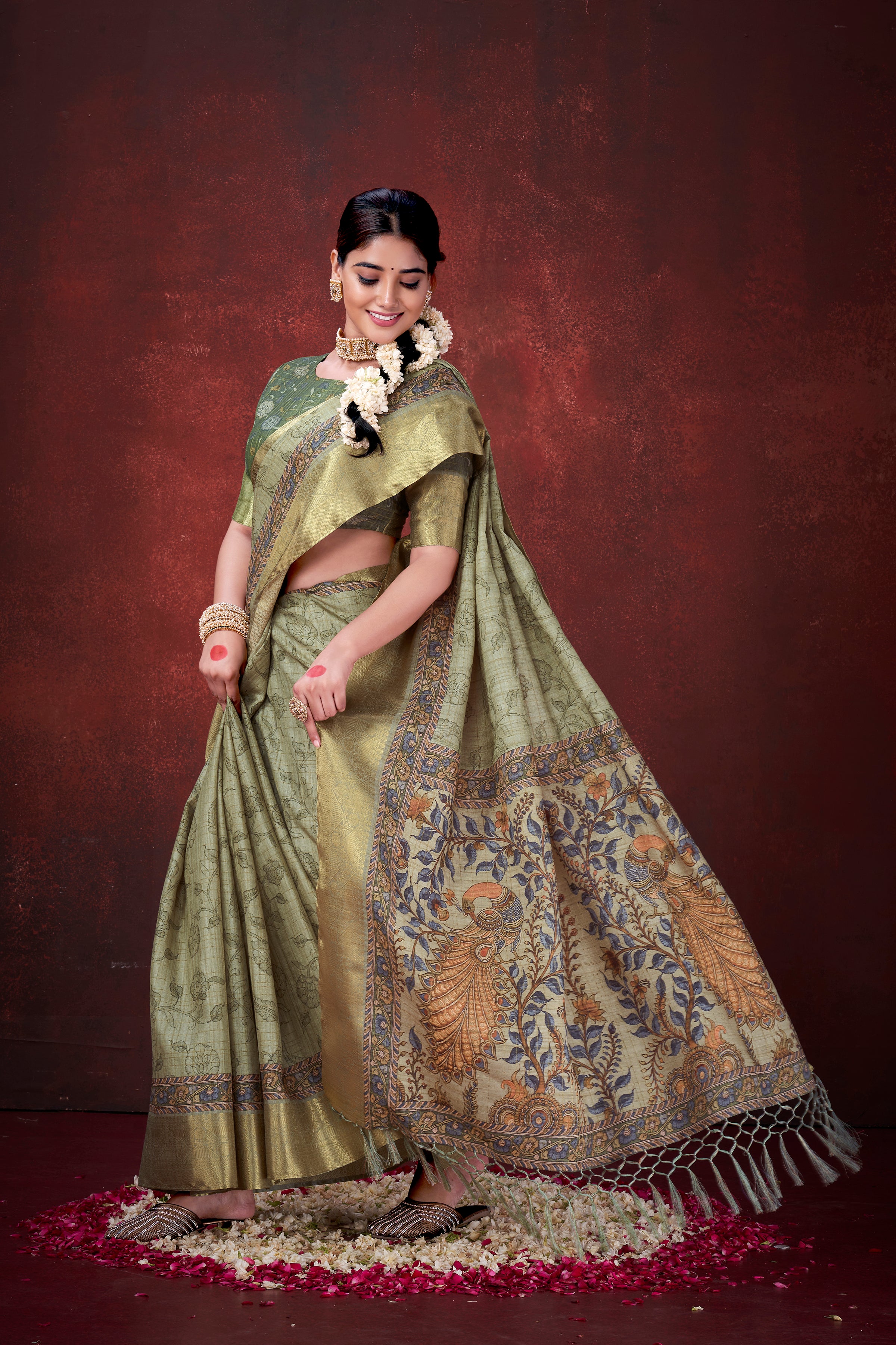 Pista Green Poly Habotai Silk Saree | Floral Foil Print with Unstitched Blouse