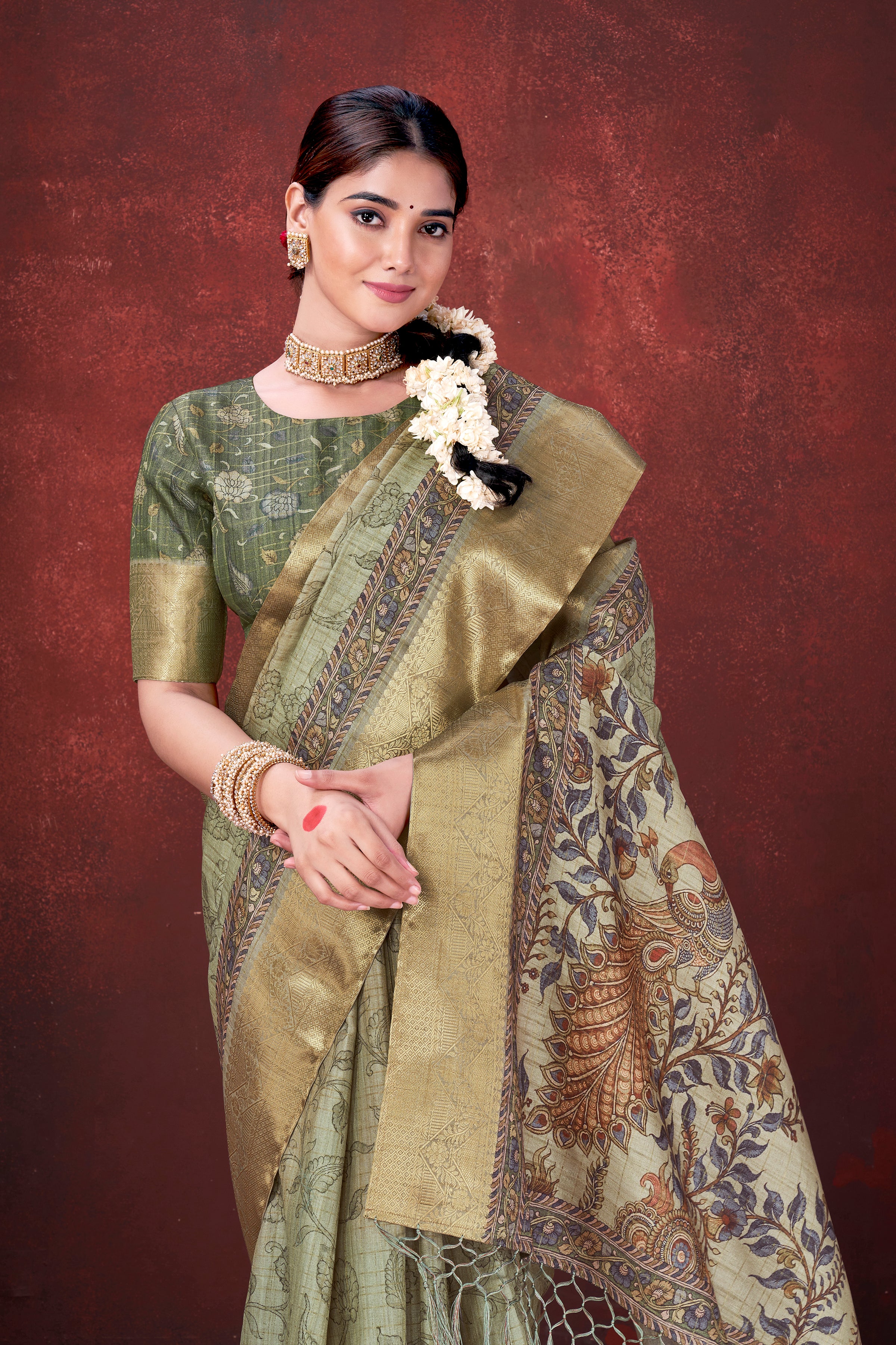 Pista Green Poly Habotai Silk Saree | Floral Foil Print with Unstitched Blouse