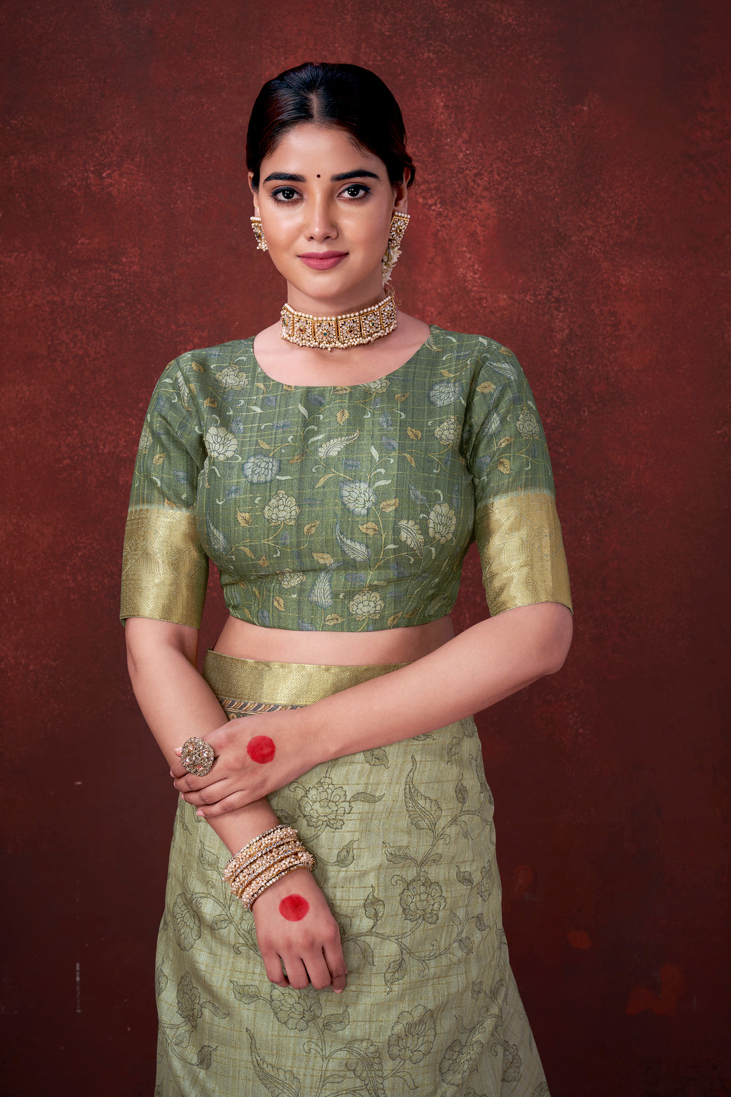 Pista Green Poly Habotai Silk Saree | Floral Foil Print with Unstitched Blouse