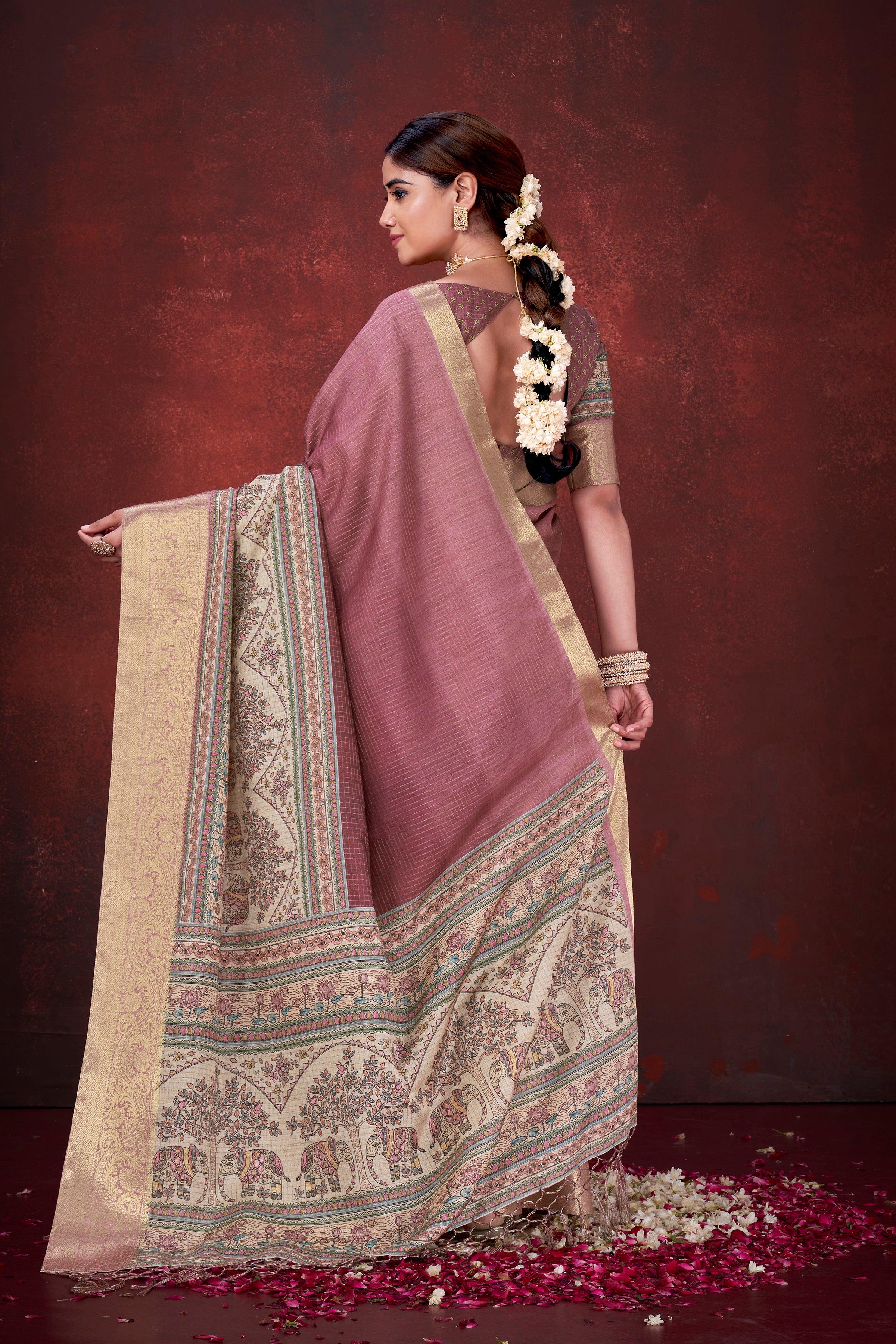 Blushing Pink Poly Habotai Silk Foil Print Saree | Romantic Floral Design with Unstitched Blouse