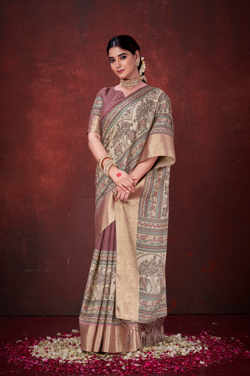 Blushing Pink Poly Habotai Silk Foil Print Saree | Romantic Floral Design with Unstitched Blouse