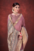 Blushing Pink Poly Habotai Silk Foil Print Saree | Romantic Floral Design with Unstitched Blouse