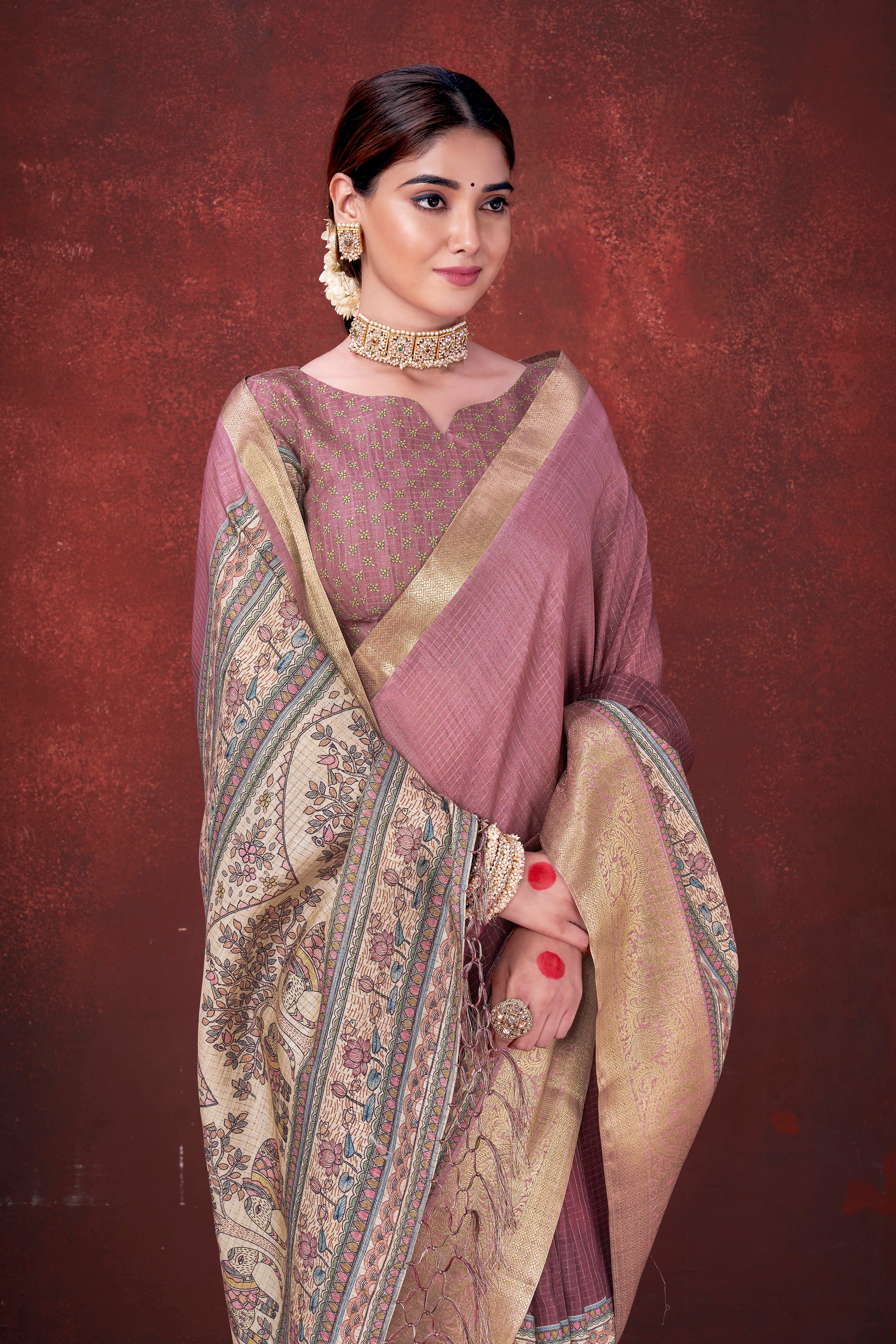 Blushing Pink Poly Habotai Silk Foil Print Saree | Romantic Floral Design with Unstitched Blouse