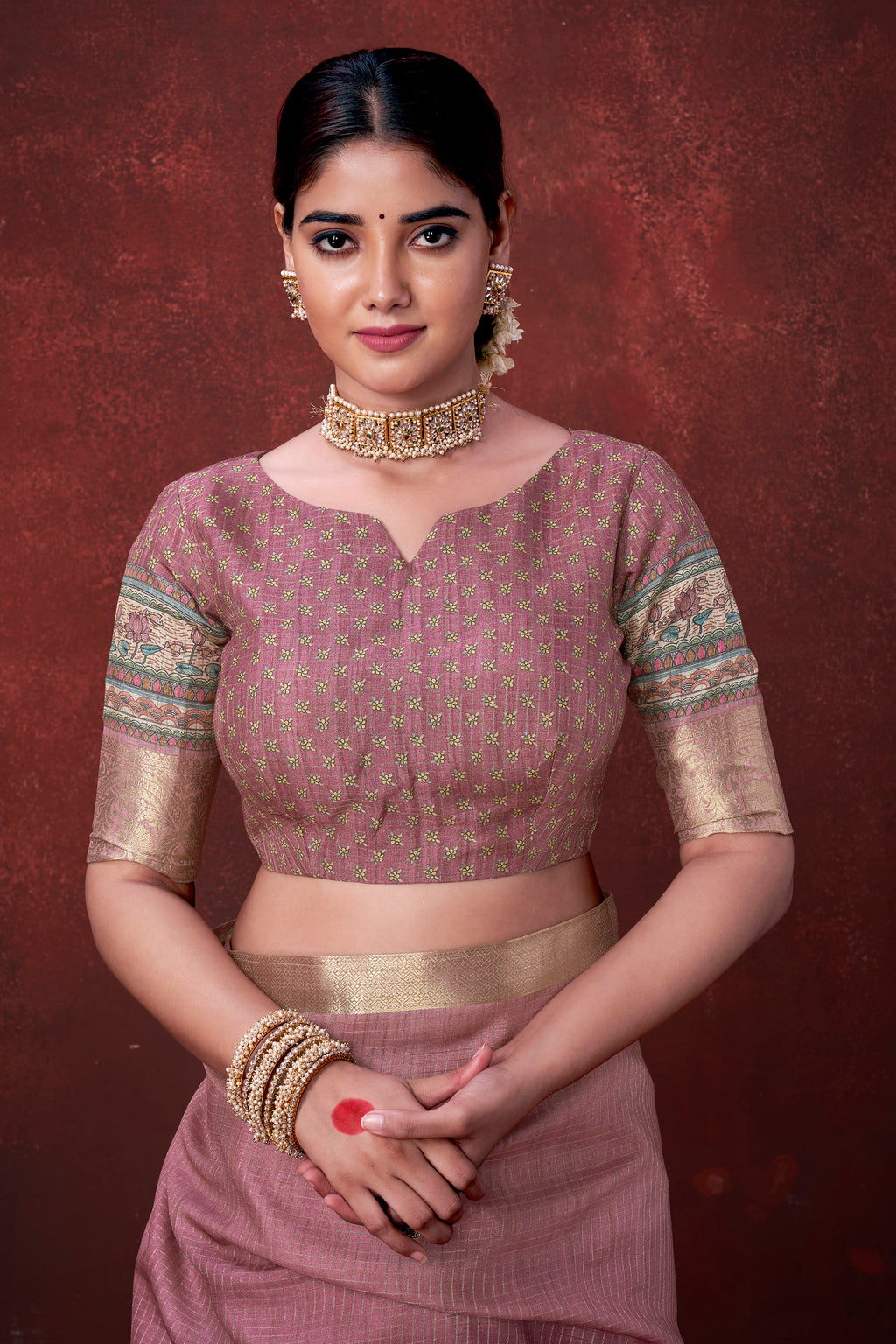 Blushing Pink Poly Habotai Silk Foil Print Saree | Romantic Floral Design with Unstitched Blouse
