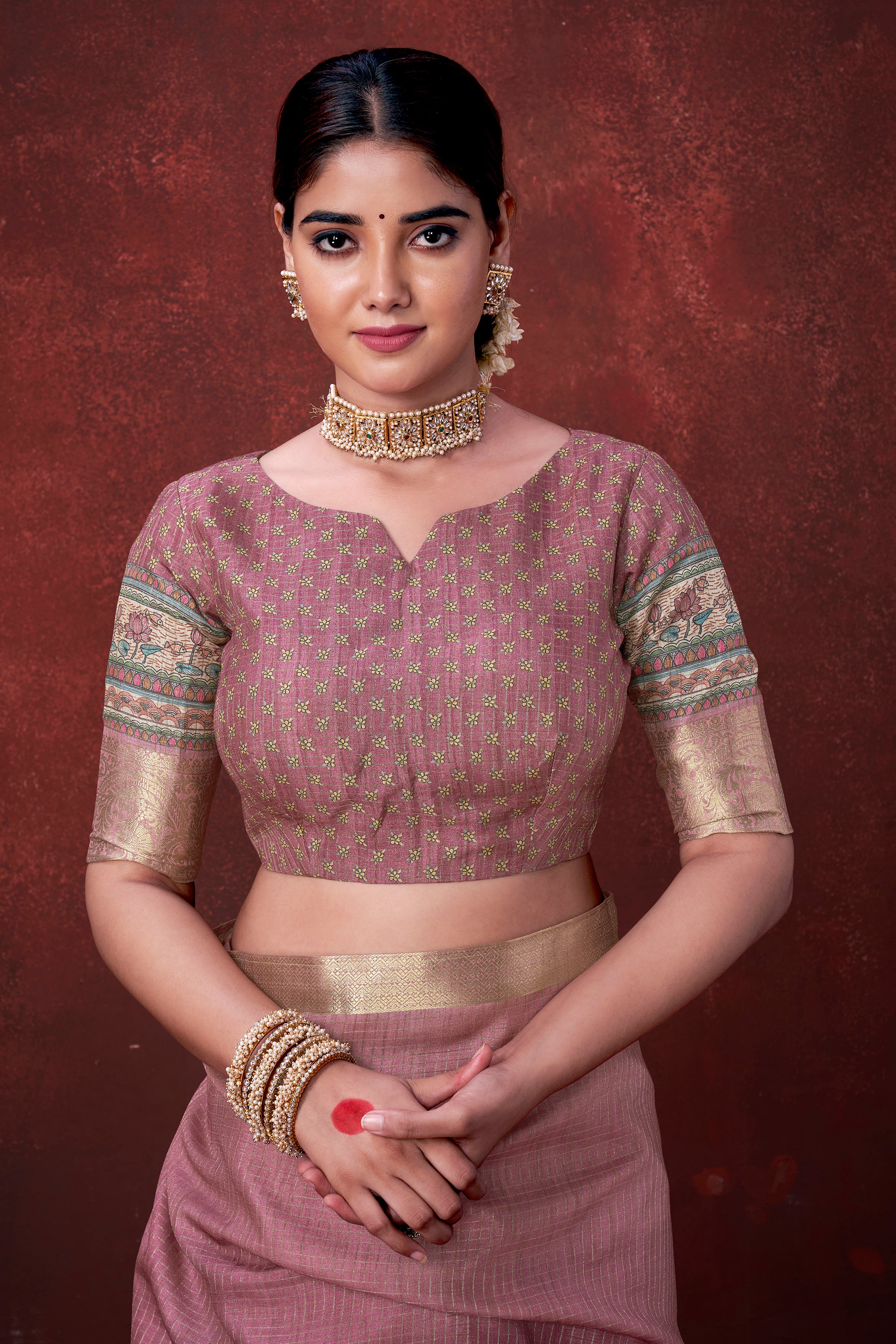 Blushing Pink Poly Habotai Silk Foil Print Saree | Romantic Floral Design with Unstitched Blouse