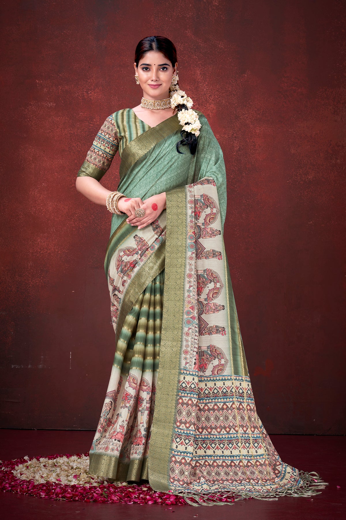 Enchanting Green Poly Habotai Silk Foil Print Saree | Elegant Floral Motifs with Unstitched Blouse