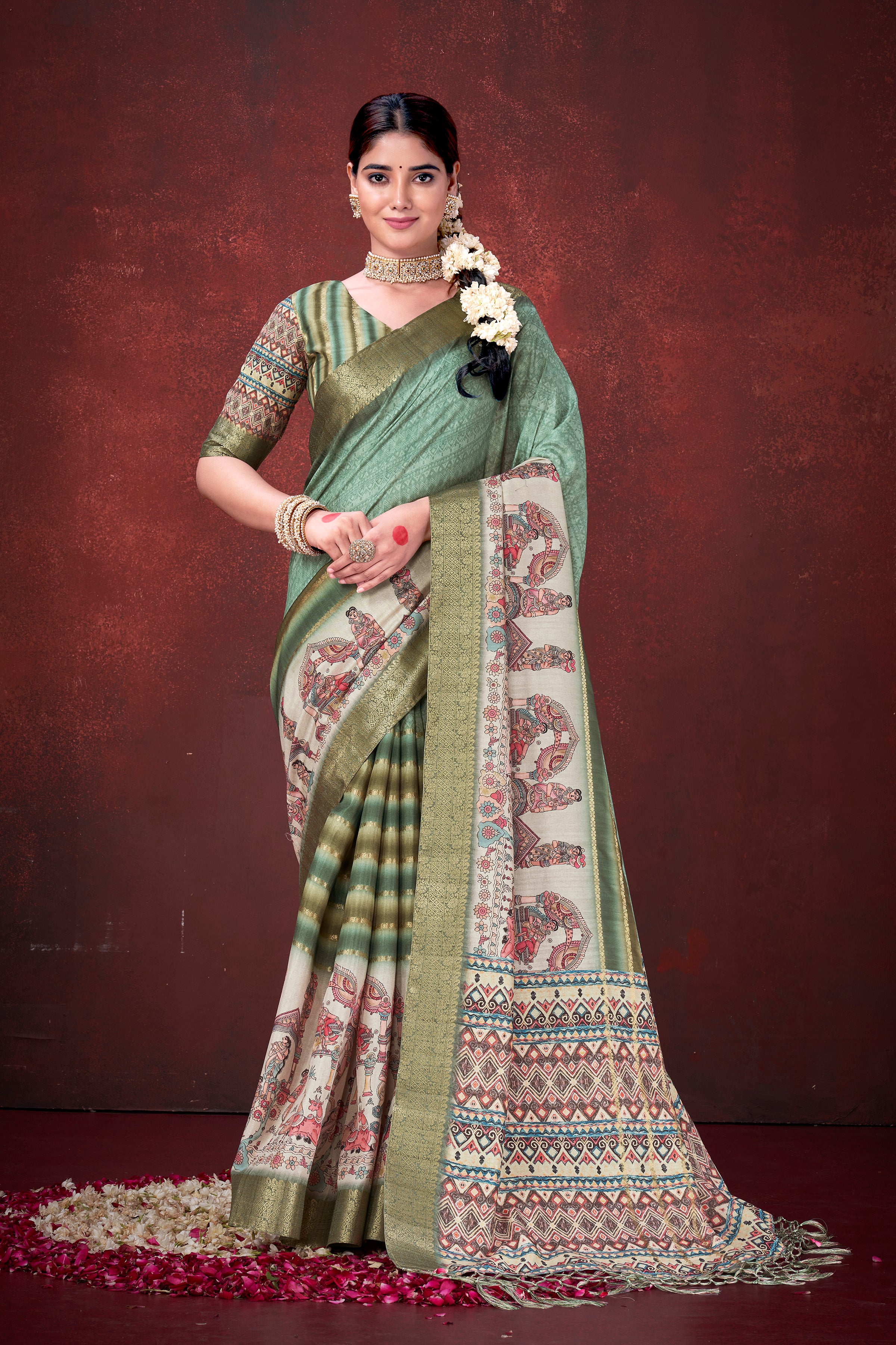 Enchanting Green Poly Habotai Silk Foil Print Saree | Elegant Floral Motifs with Unstitched Blouse
