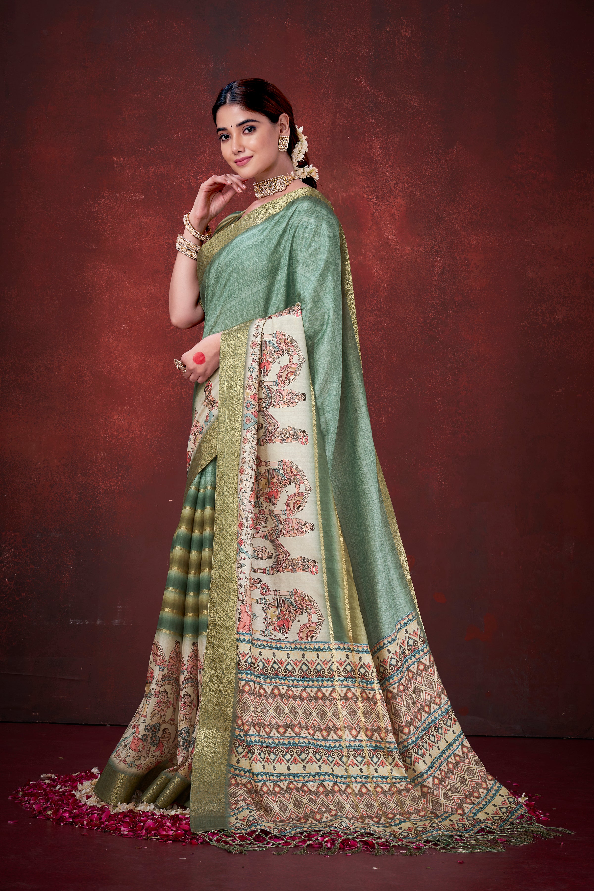 Enchanting Green Poly Habotai Silk Foil Print Saree | Elegant Floral Motifs with Unstitched Blouse