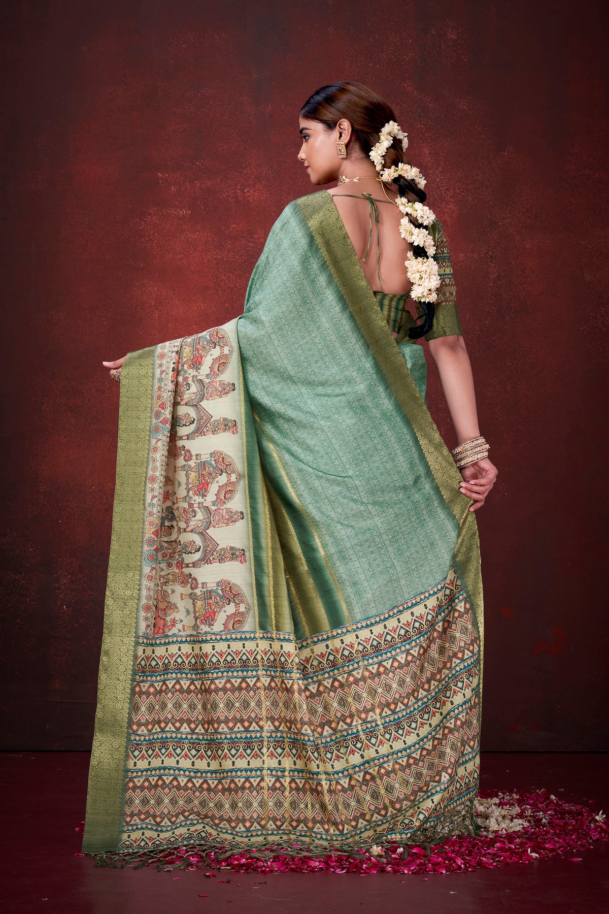 Enchanting Green Poly Habotai Silk Foil Print Saree | Elegant Floral Motifs with Unstitched Blouse