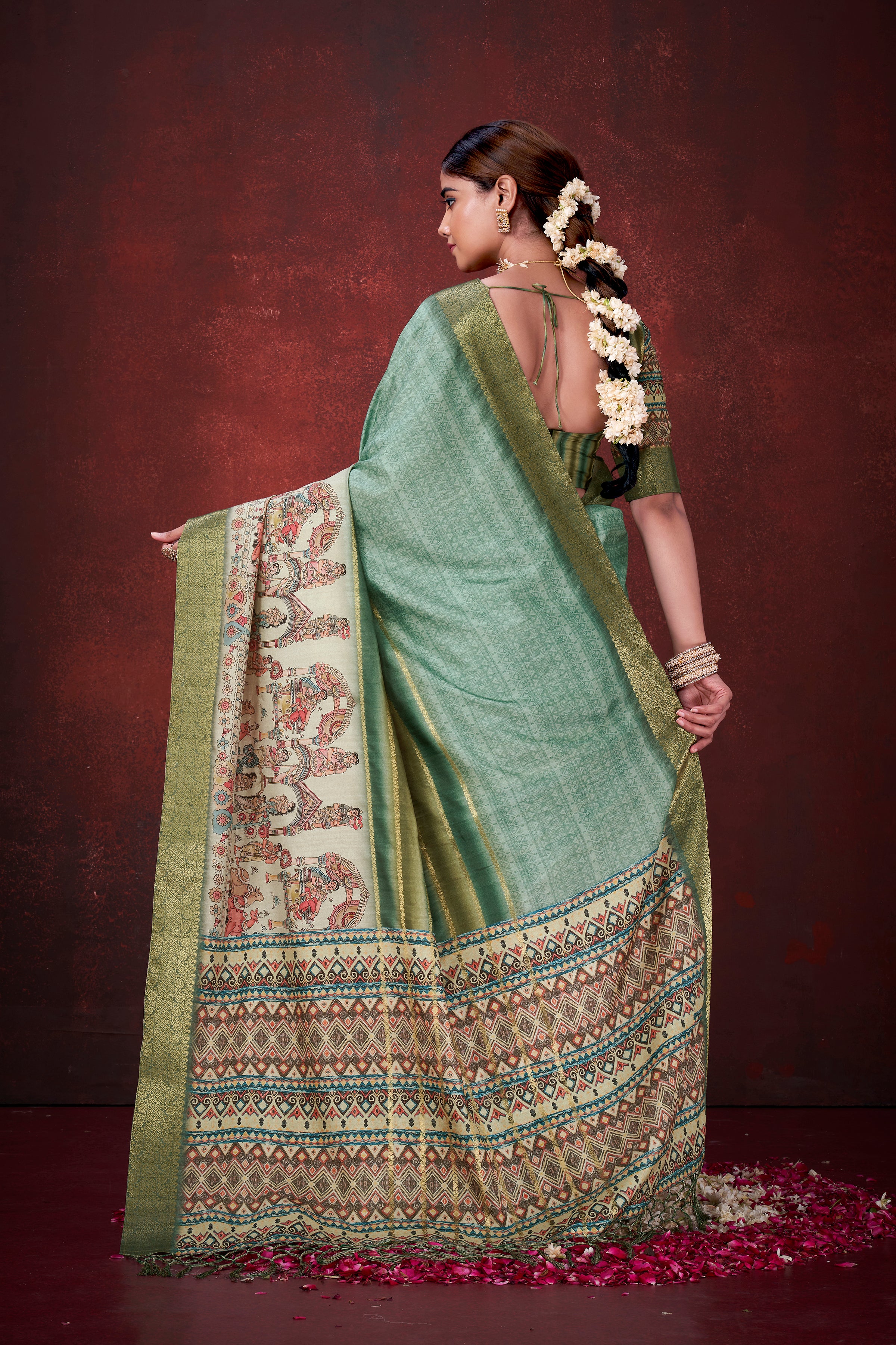 Enchanting Green Poly Habotai Silk Foil Print Saree | Elegant Floral Motifs with Unstitched Blouse