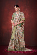 Enchanting Green Poly Habotai Silk Foil Print Saree | Elegant Floral Motifs with Unstitched Blouse