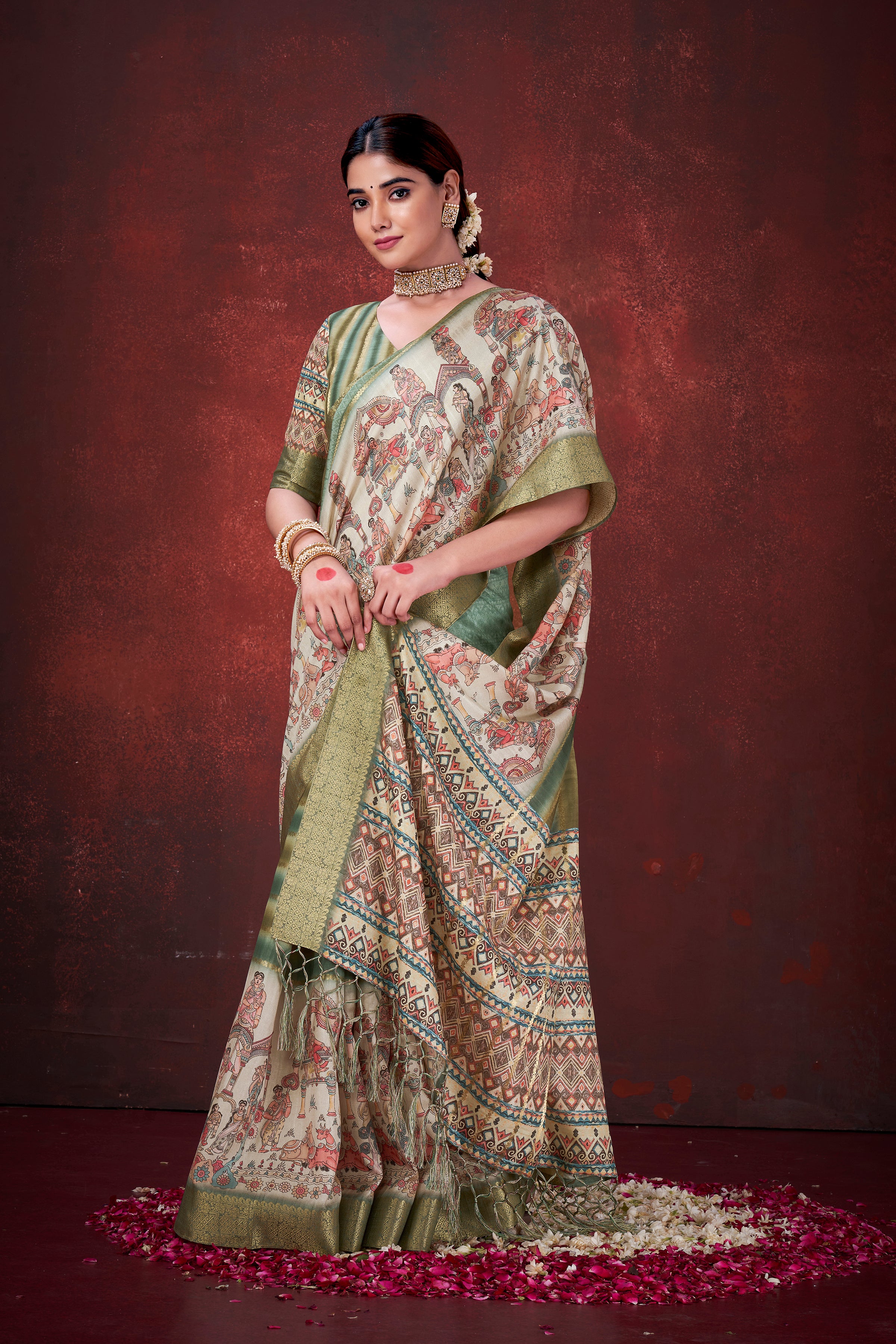 Enchanting Green Poly Habotai Silk Foil Print Saree | Elegant Floral Motifs with Unstitched Blouse