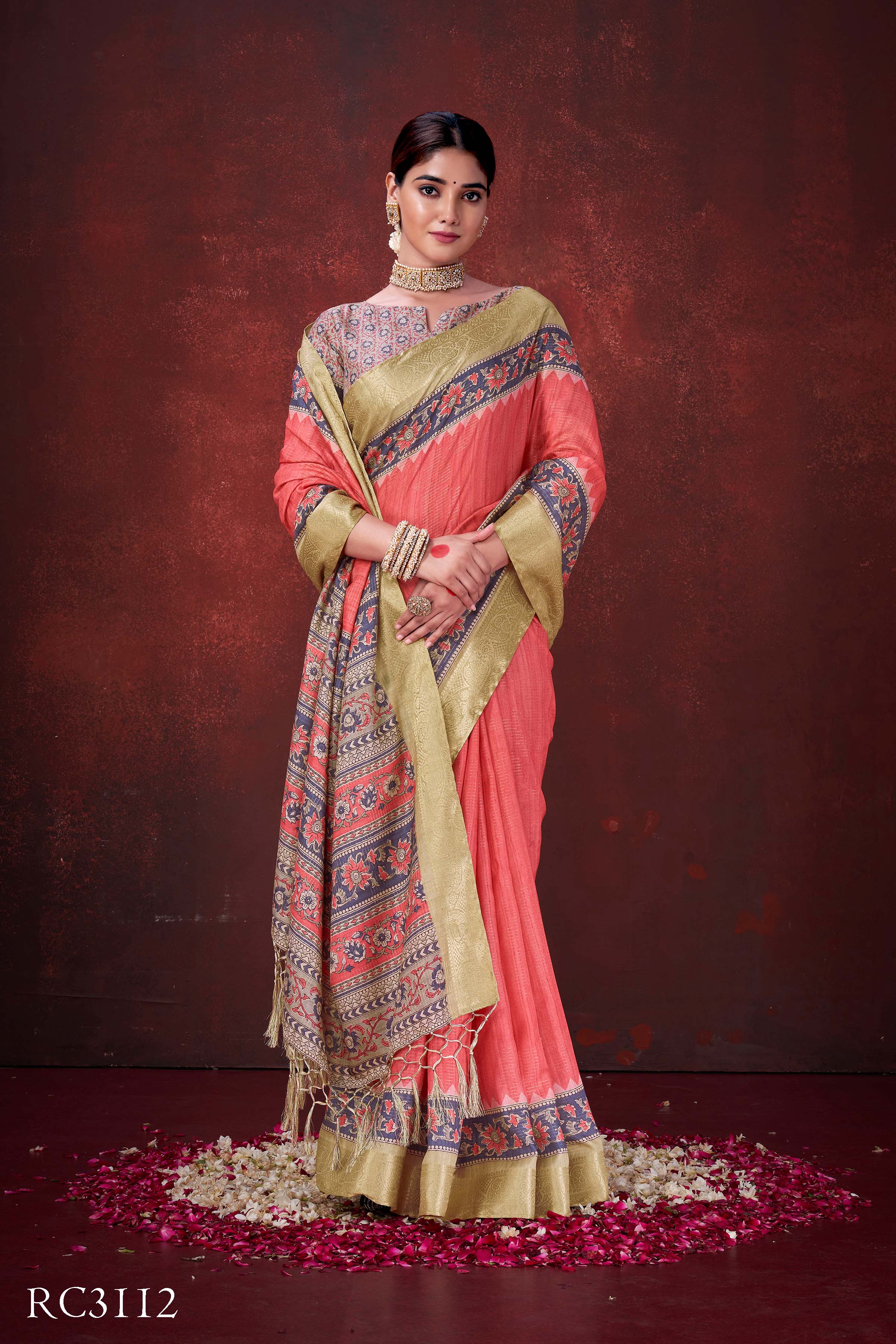 Passionate Red Poly Habotai Silk Foil Print Saree | Striking Floral Design with Unstitched Blouse