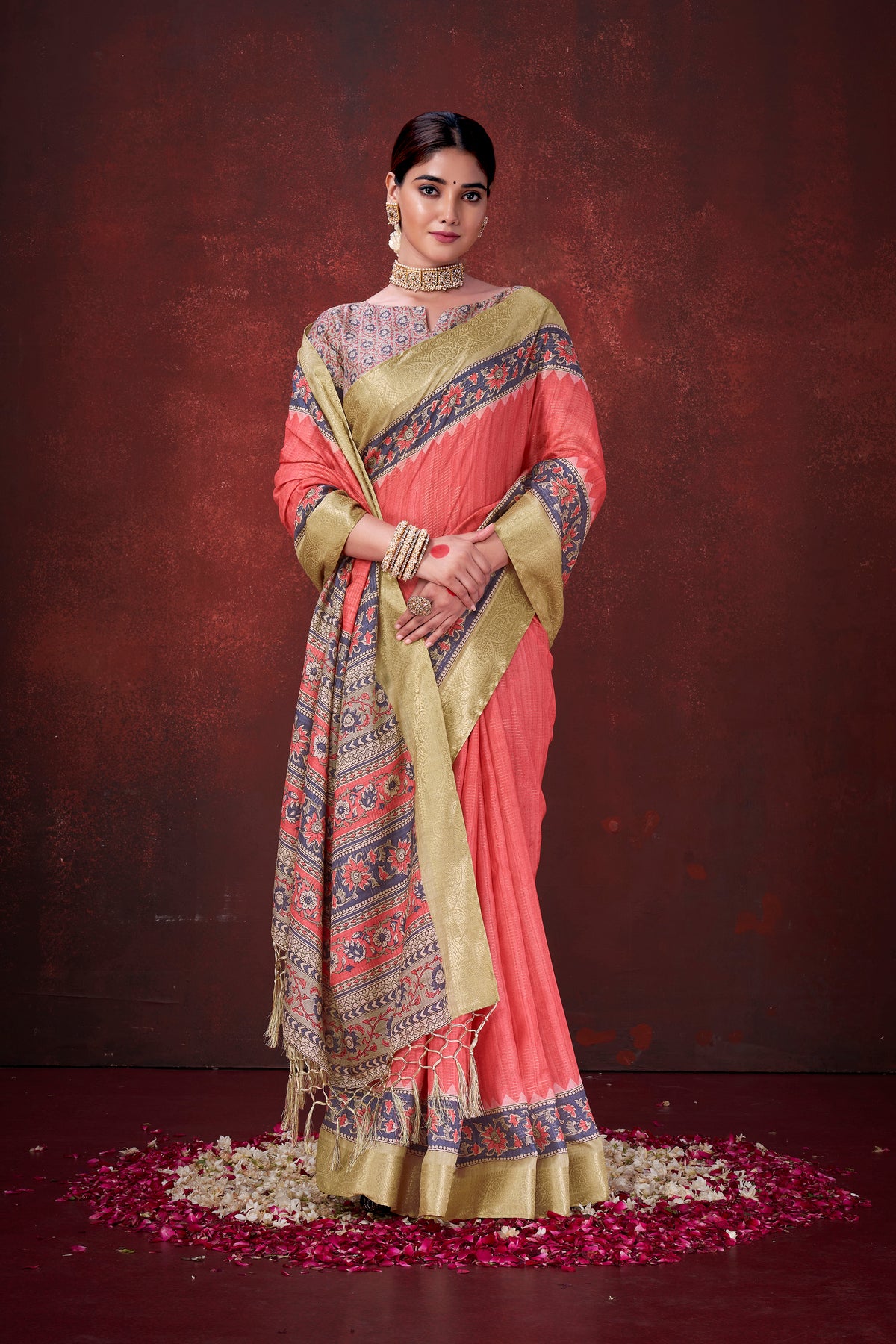 Passionate Red Poly Habotai Silk Foil Print Saree | Striking Floral Design with Unstitched Blouse