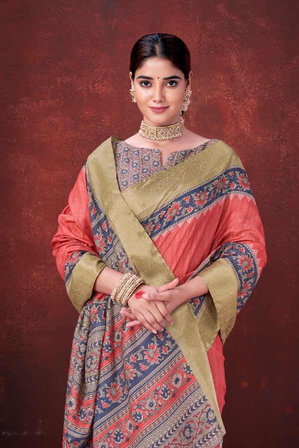 Passionate Red Poly Habotai Silk Foil Print Saree | Striking Floral Design with Unstitched Blouse