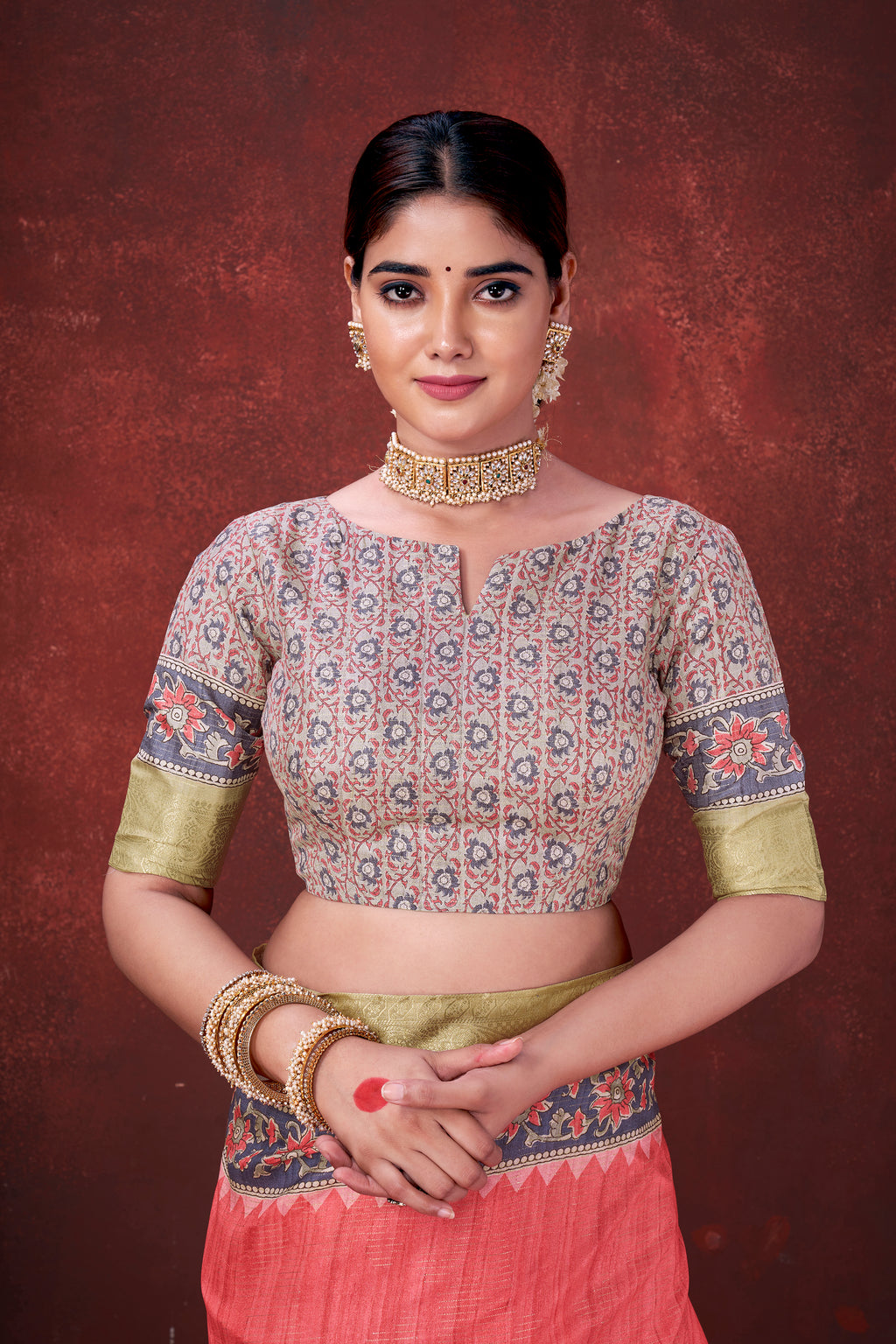 Radiant Red Poly Habotai Silk Saree | Floral Foil Print with Unstitched Blouse