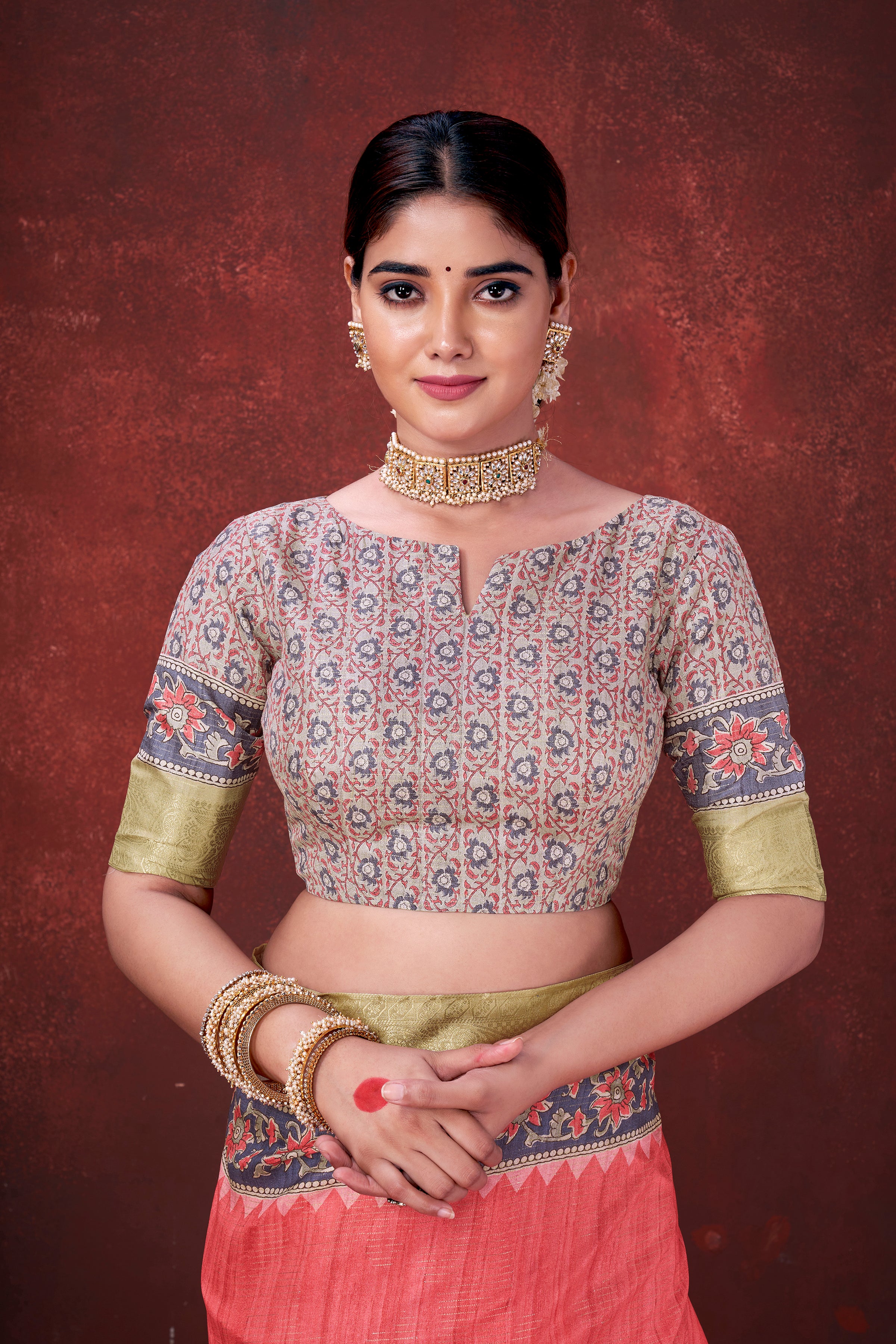 Radiant Red Poly Habotai Silk Saree | Floral Foil Print with Unstitched Blouse