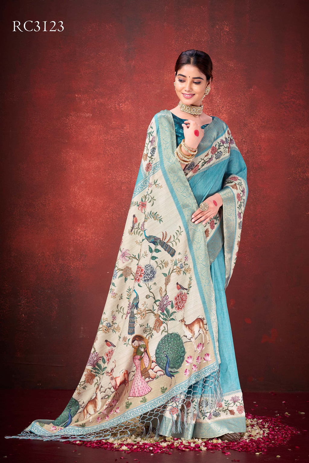 Elegant Rama Kantha Zari Silk Saree | Traditional Print with Unstitched Blouse