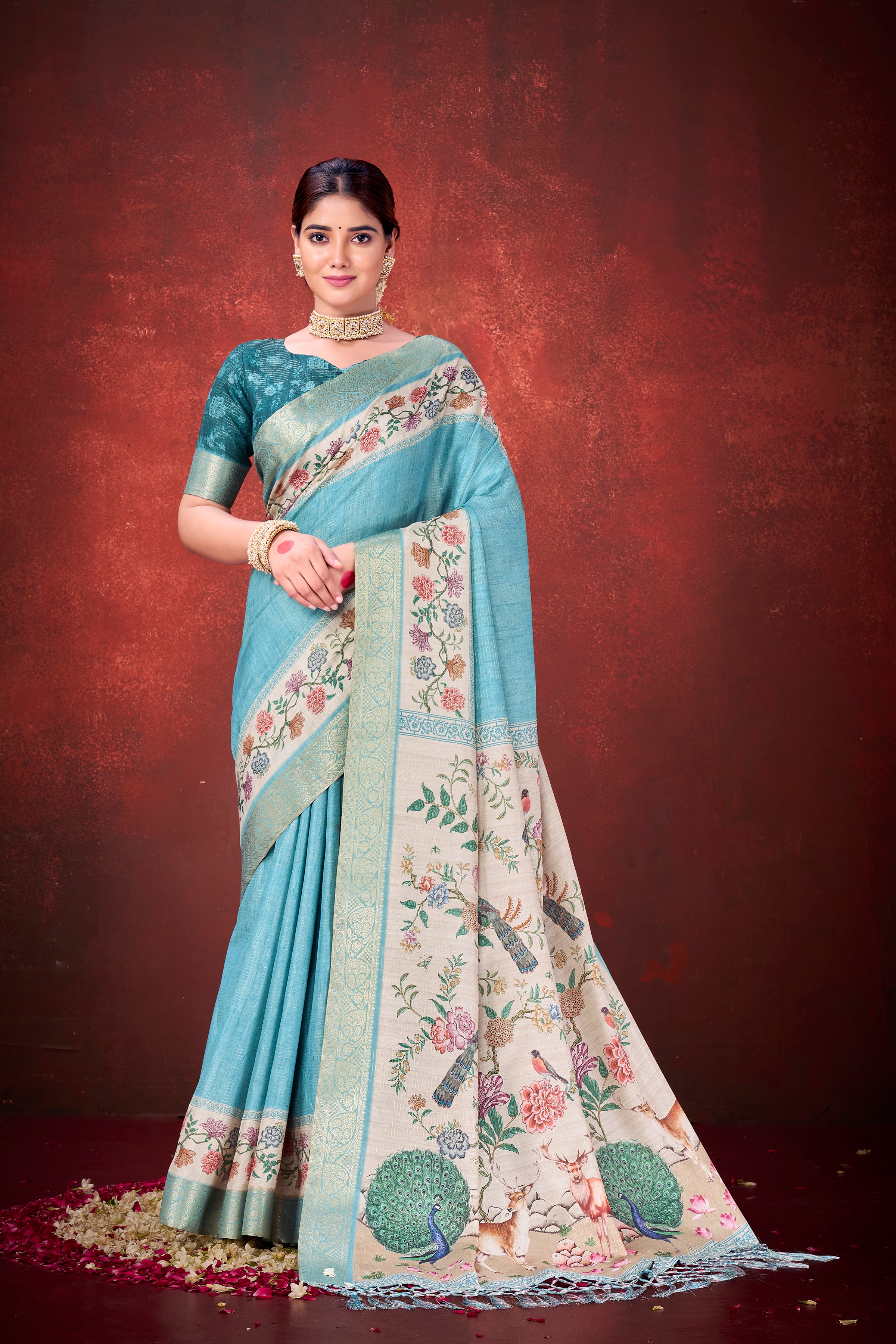 Elegant Rama Kantha Zari Silk Saree | Traditional Print with Unstitched Blouse