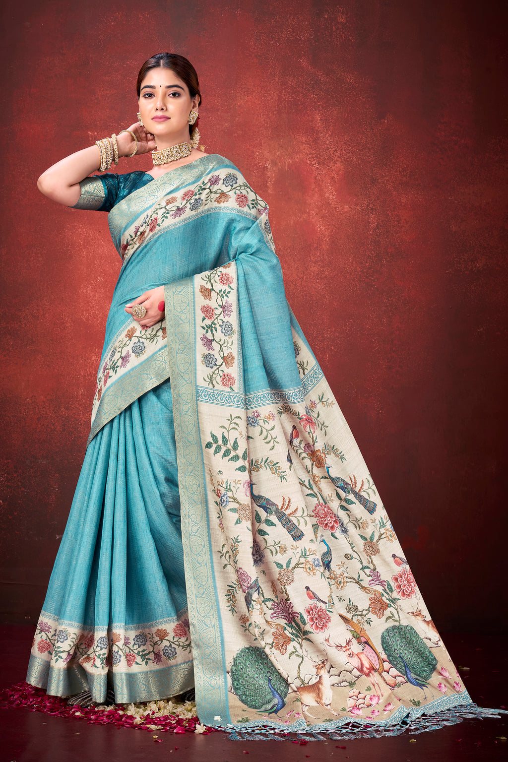 Elegant Rama Kantha Zari Silk Saree | Traditional Print with Unstitched Blouse