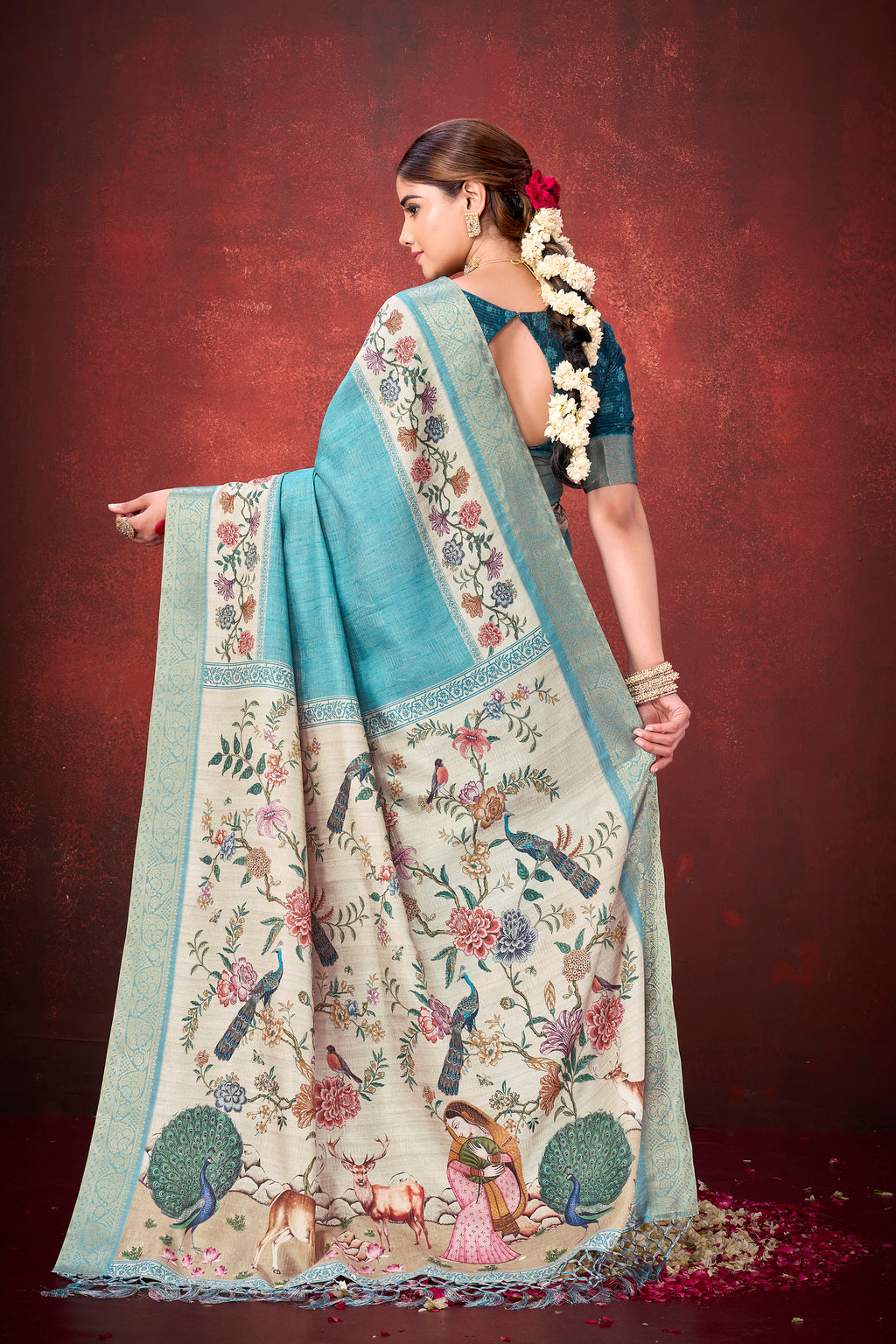 Elegant Rama Kantha Zari Silk Saree | Traditional Print with Unstitched Blouse