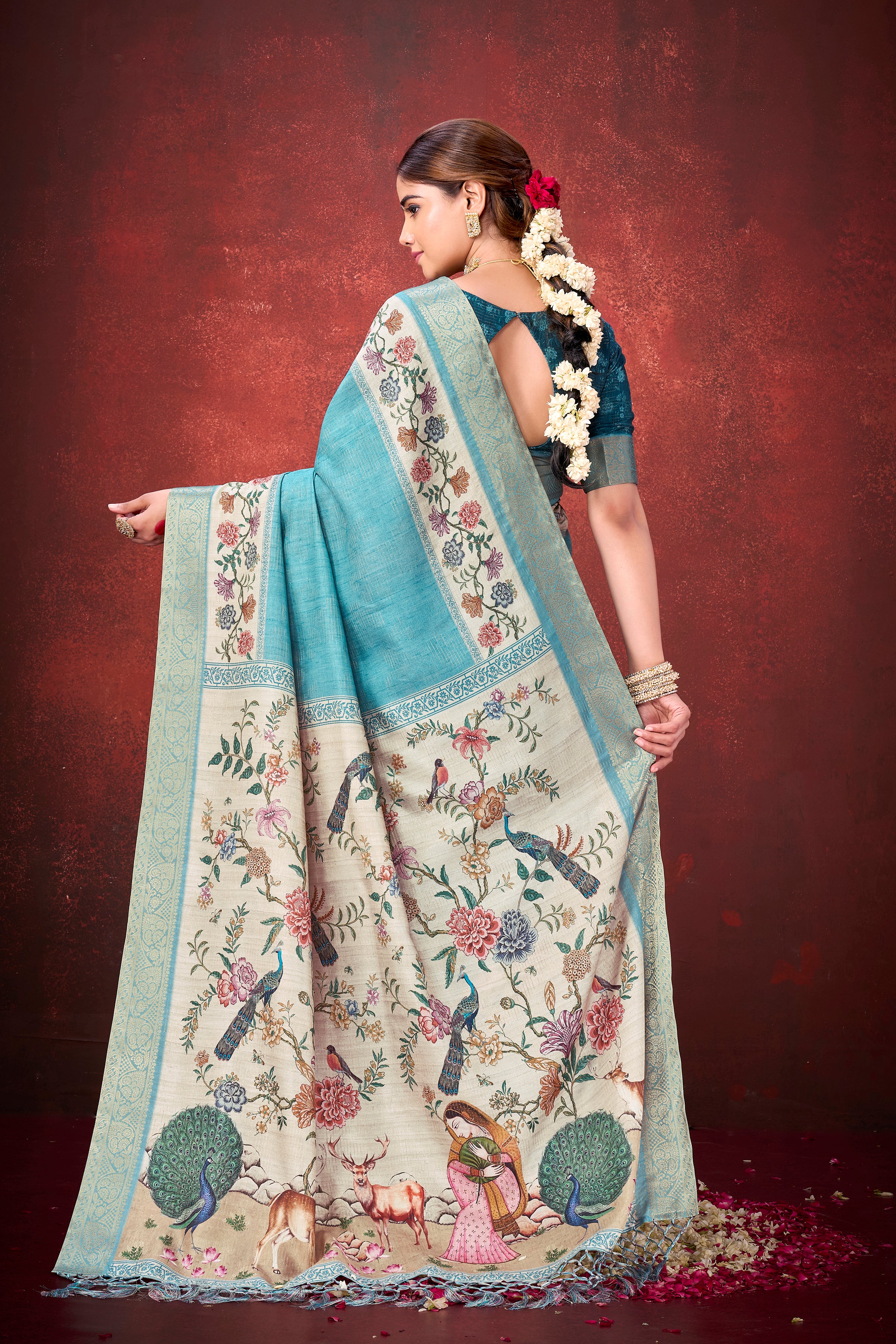 Elegant Rama Kantha Zari Silk Saree | Traditional Print with Unstitched Blouse