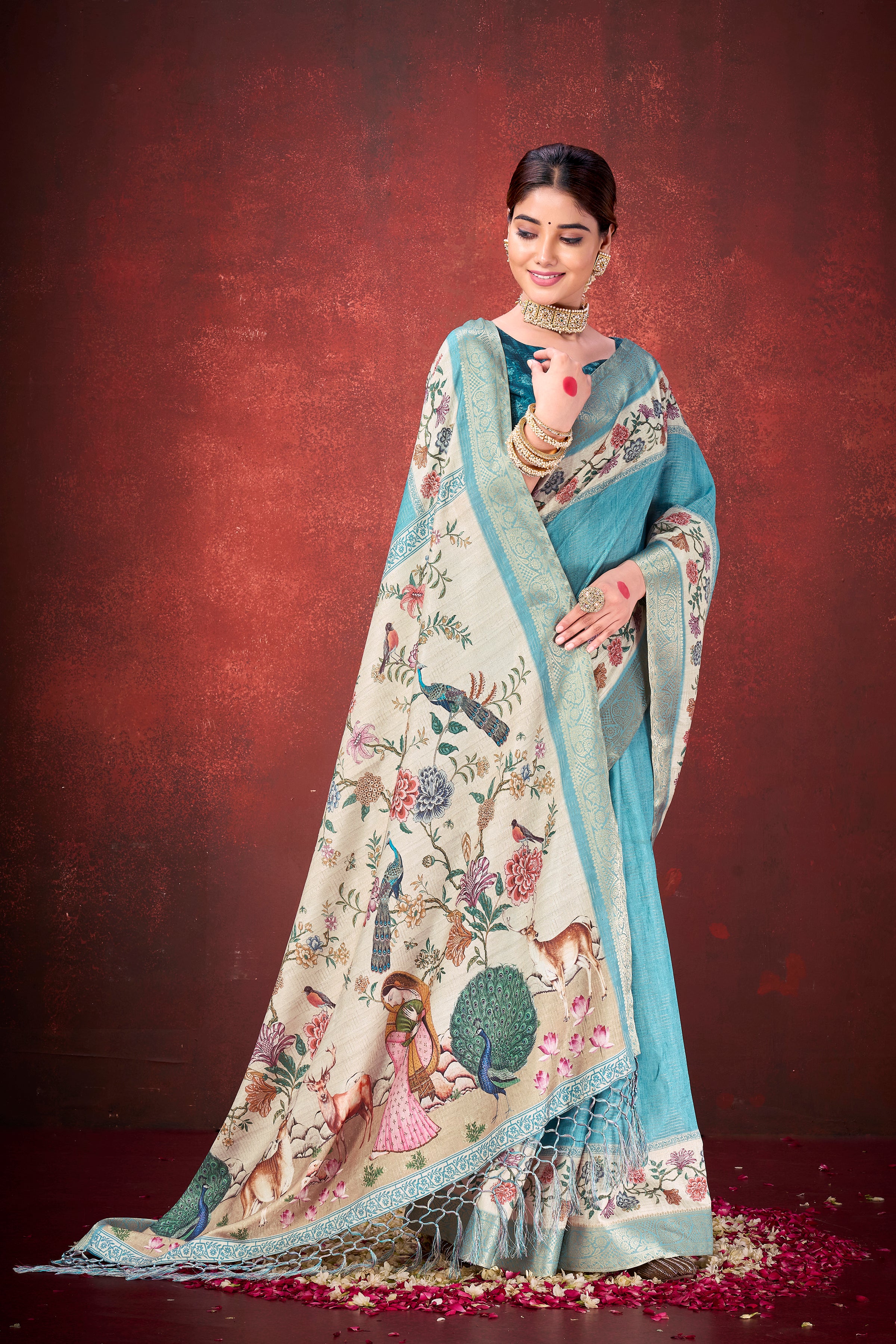 Elegant Rama Kantha Zari Silk Saree | Traditional Print with Unstitched Blouse