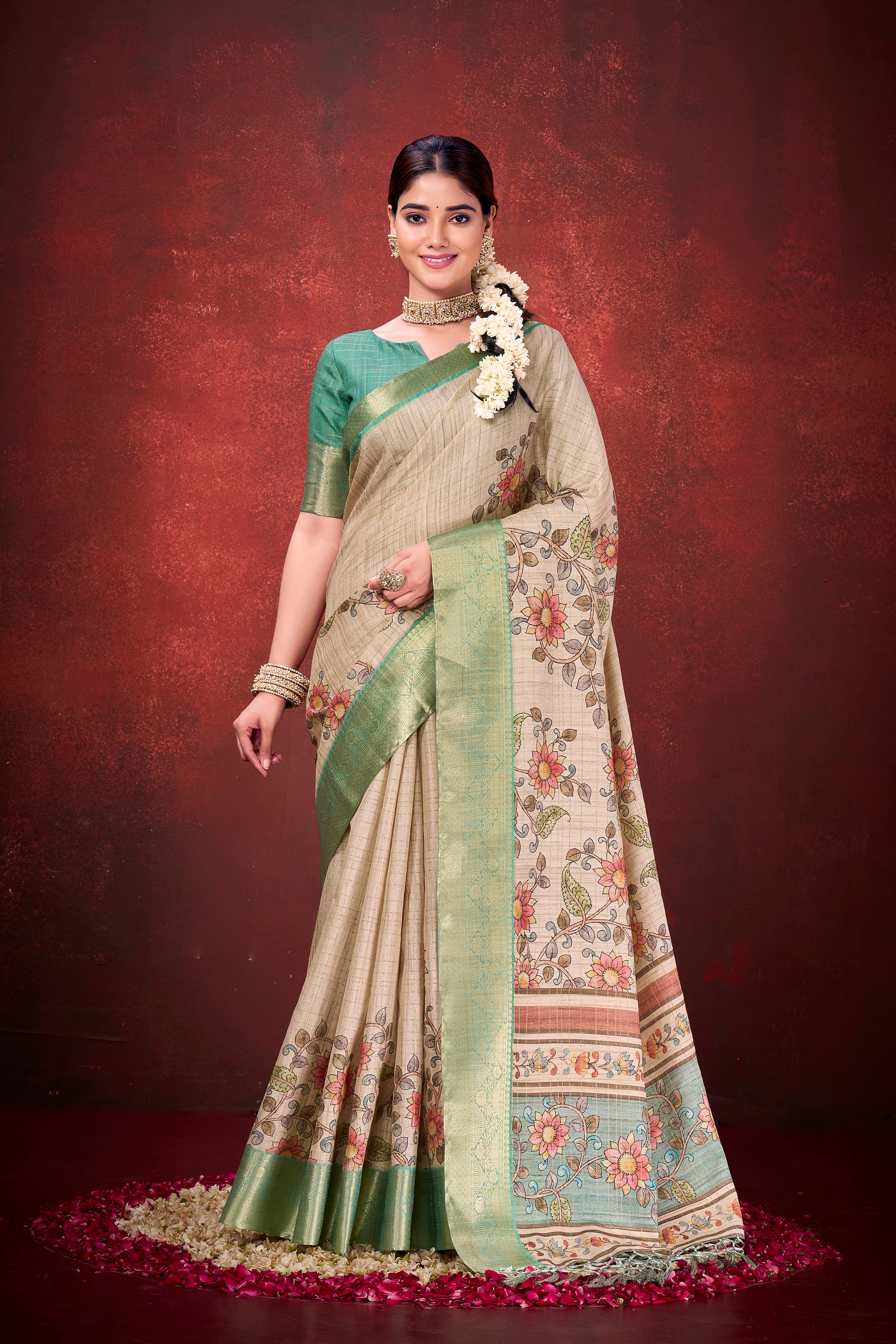 Cream Mulberry Jacquard Silk Saree | Traditional Print Elegance