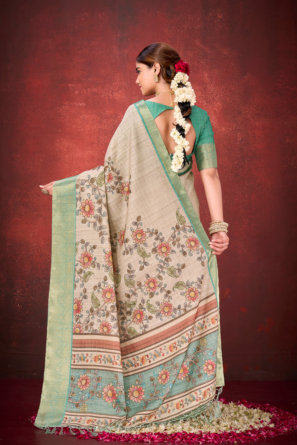 Cream Mulberry Jacquard Silk Saree | Traditional Print Elegance