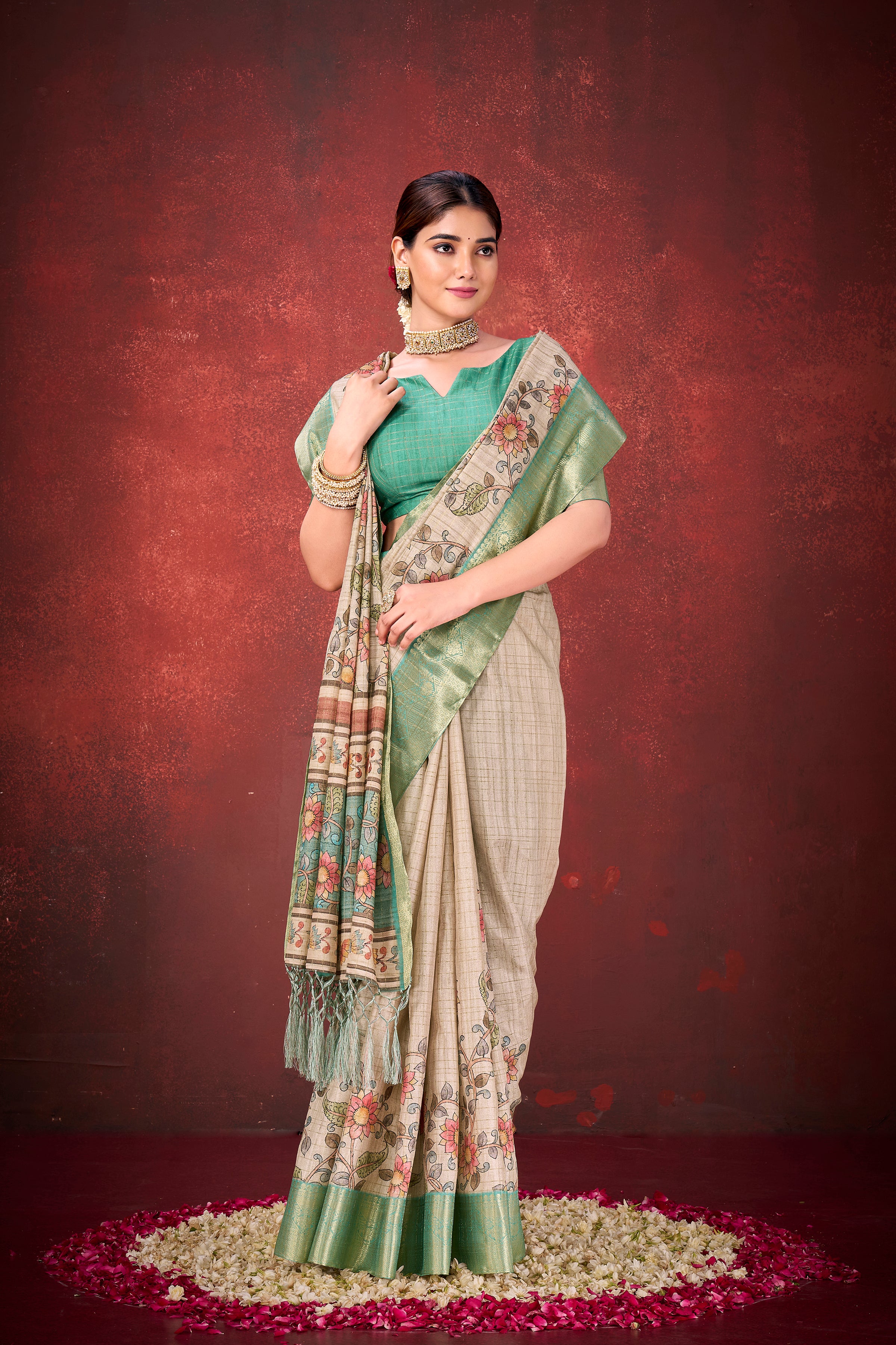 Cream Mulberry Jacquard Silk Saree | Traditional Print Elegance