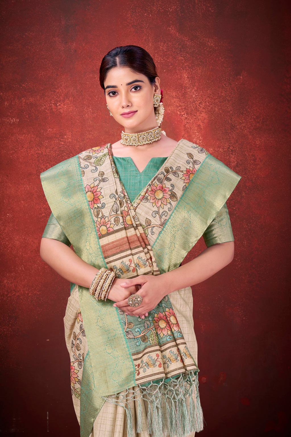 Cream Mulberry Jacquard Silk Saree | Traditional Print Elegance