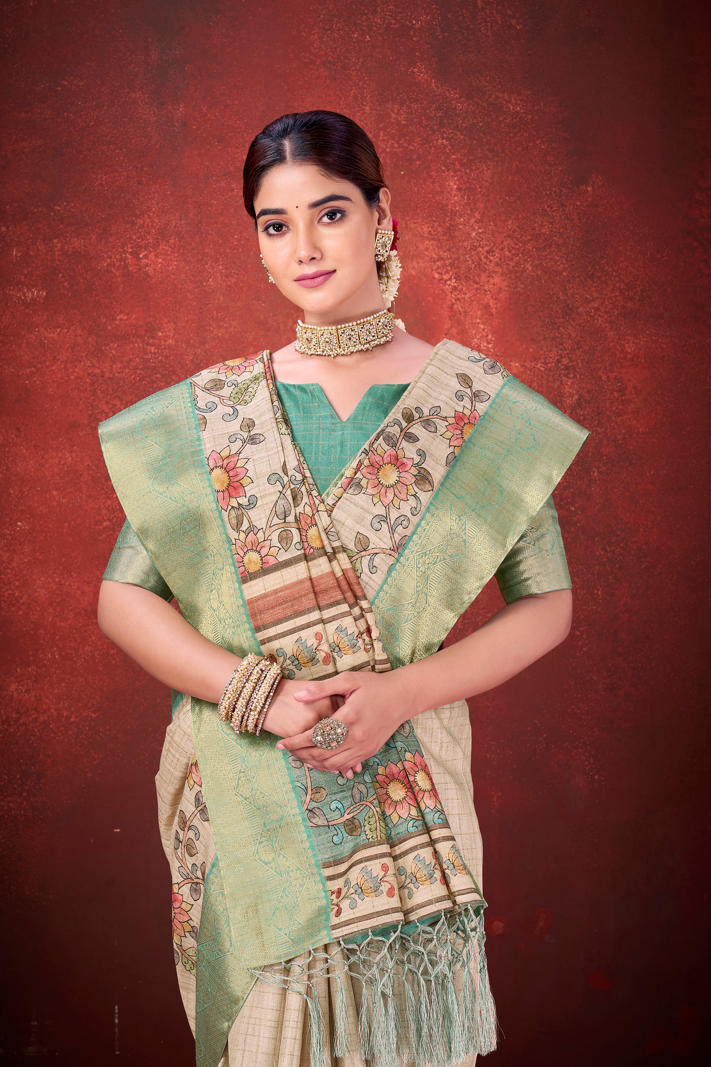 Cream Mulberry Jacquard Silk Saree | Traditional Print Elegance