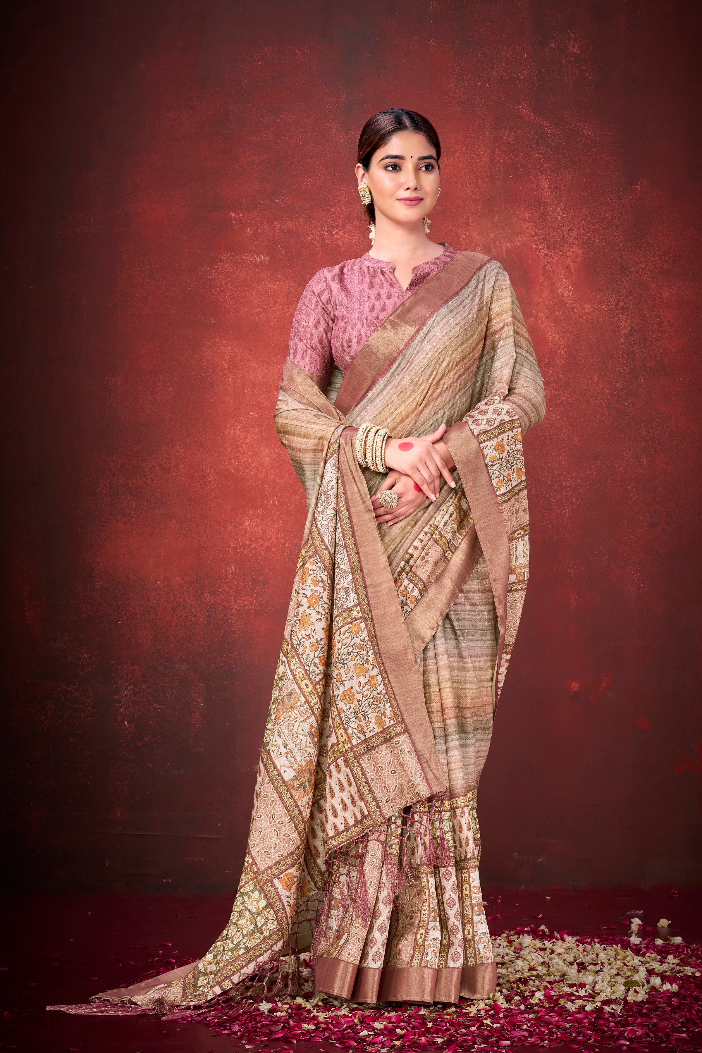 Classic Cream Mulberry Jacquard Silk Saree | Traditional Print with Unstitched Blouse