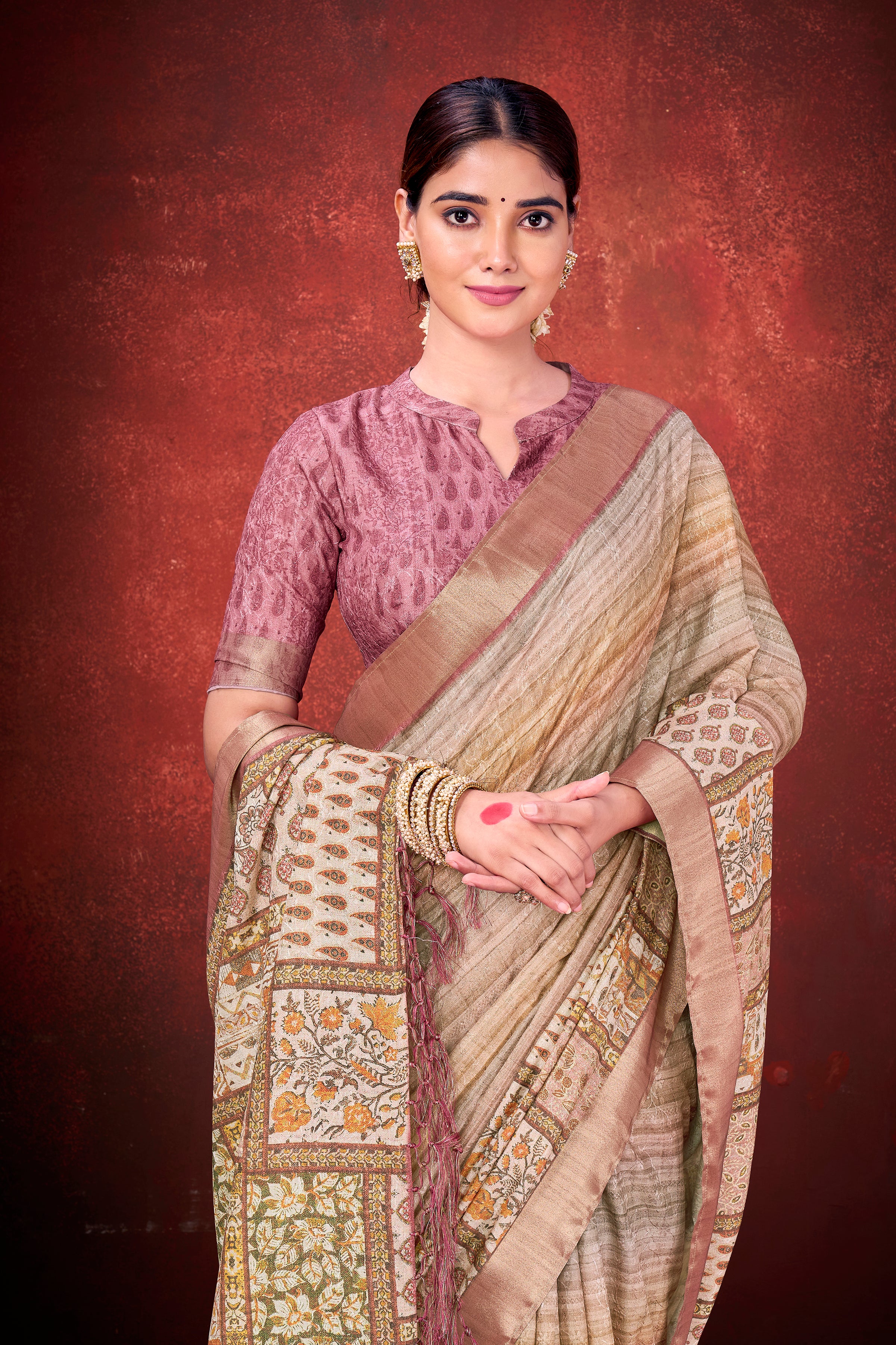 Classic Cream Mulberry Jacquard Silk Saree | Traditional Print with Unstitched Blouse