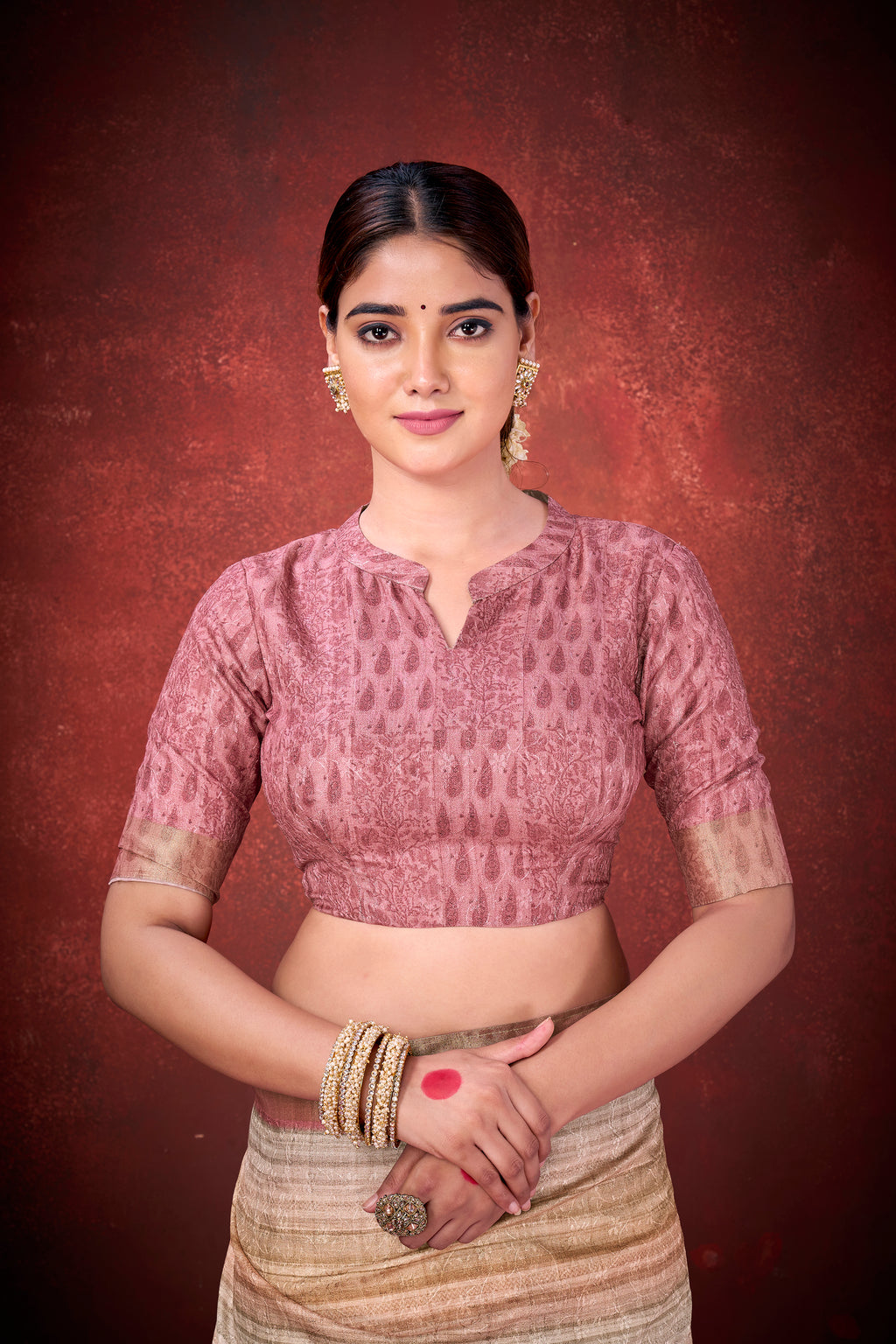 Classic Cream Mulberry Jacquard Silk Saree | Traditional Print with Unstitched Blouse